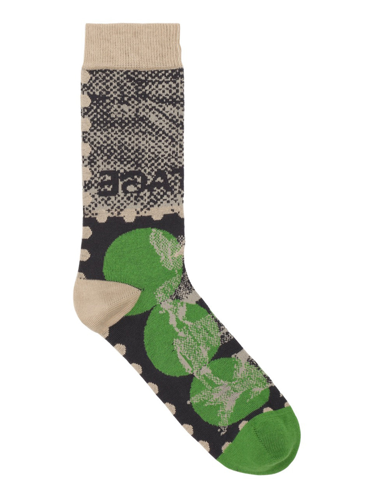 Henrik Vibskov Tower Sock in Postage Green Dots, green and charcoal jacquard knit with contrast sand heel and toe