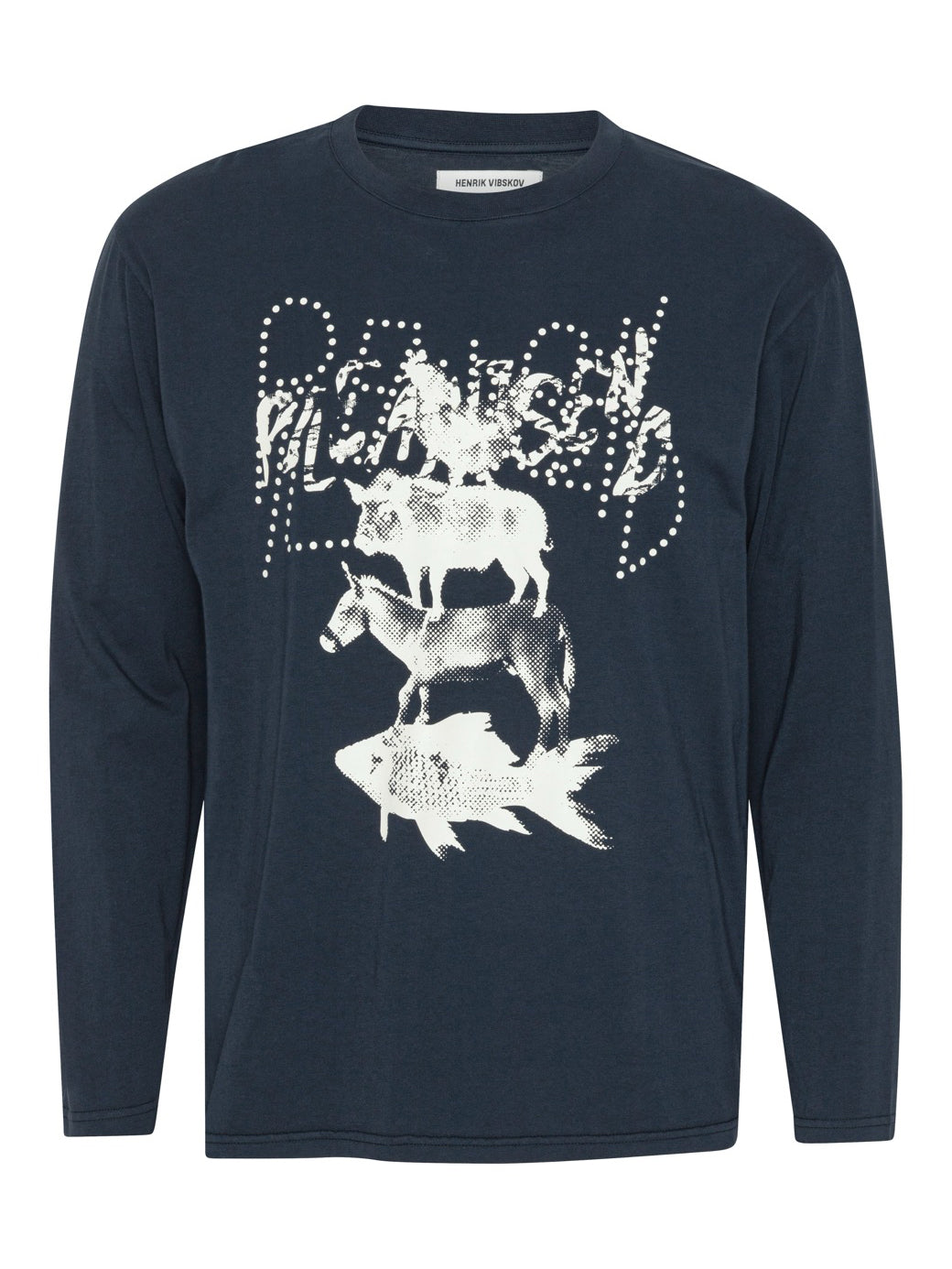 Front packshot of the Henrik Vibskov Tower Swamp Blouse in Black, featuring a long-sleeve crew neck silhouette, off-white stacked animal graphic print with fish, donkey and bull motifs, dotted text detail, and relaxed organic cotton construction.