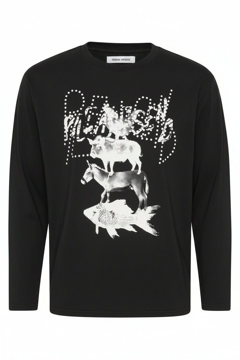 Front packshot of the Henrik Vibskov Tower Swamp Blouse in Black, featuring a long-sleeve crew neck silhouette, off-white stacked animal graphic print with fish, donkey and bull motifs, dotted text detail, and relaxed organic cotton construction.