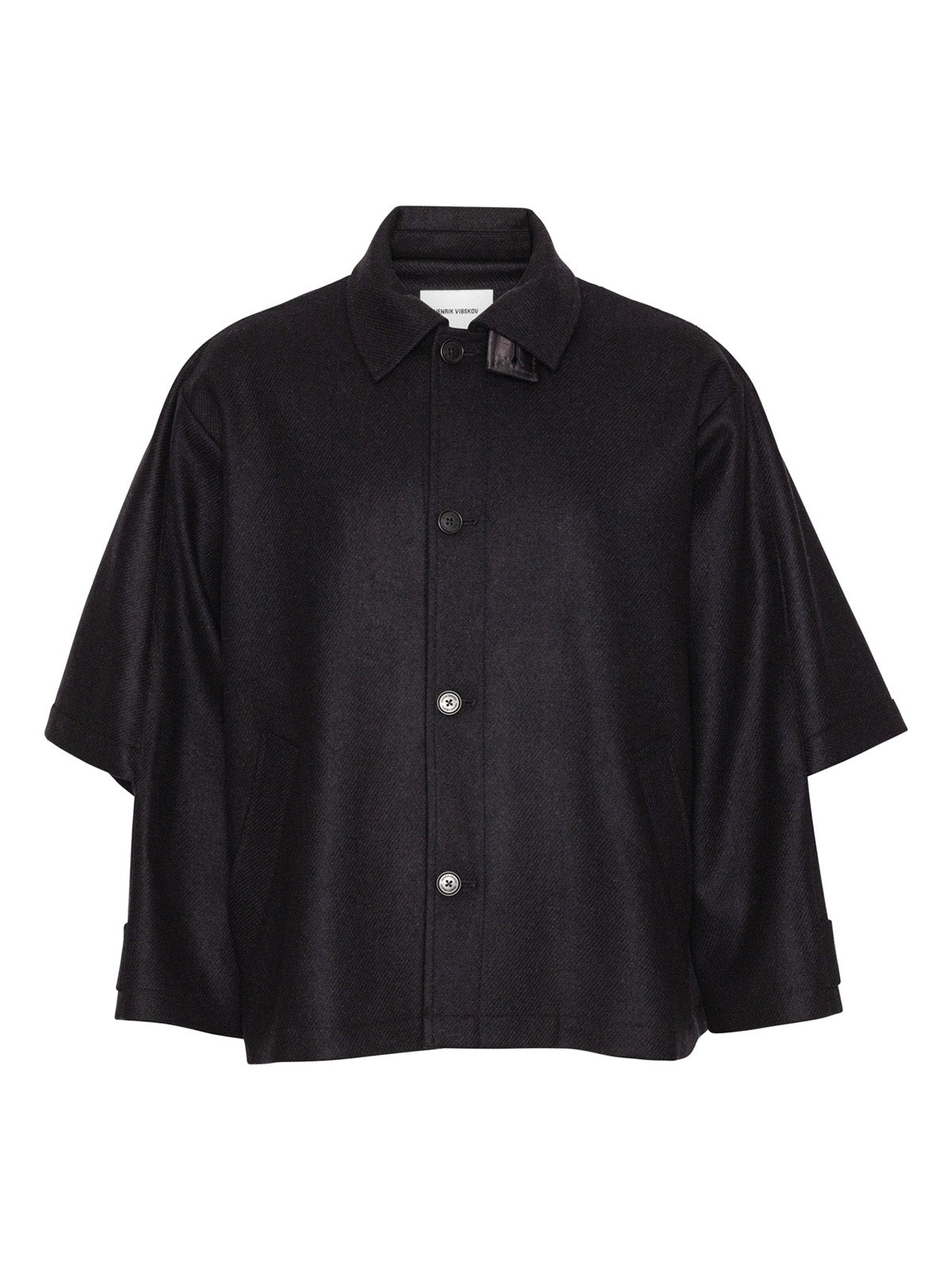 Henrik Vibskov Uncut Jacket Black, flat lay front, black wool jacket with dropped shoulder and single button front
