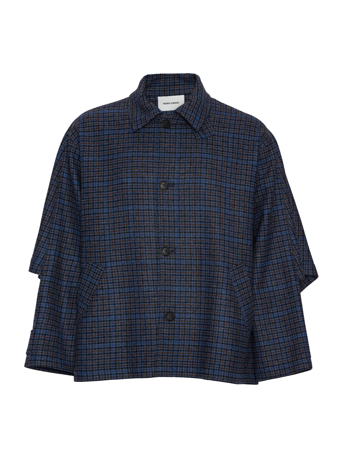 Henrik Vibskov Uncut Jacket Blue Wool Checks, flat lay front, blue brown and black houndstooth wool jacket with dropped shoulder and single button front
