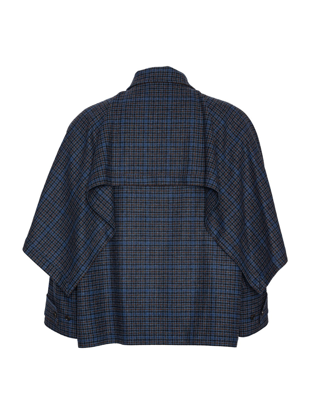 Henrik Vibskov Uncut Jacket Blue Wool Checks, flat lay back, showing cropped boxy silhouette and dropped shoulder construction