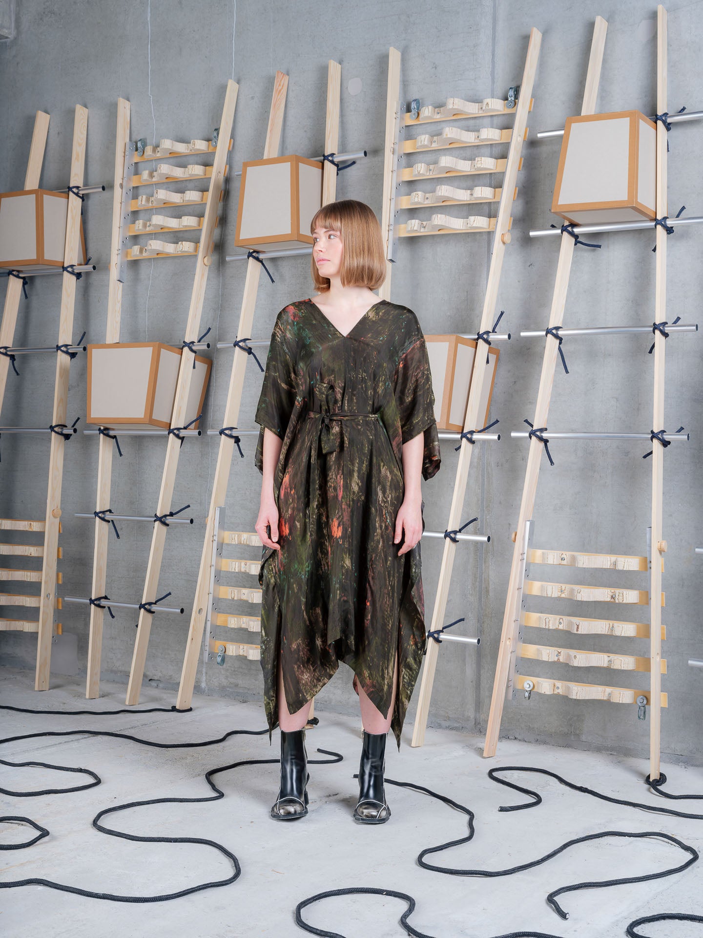 Model wearing the Henrik Vibskov Uncut Kaftan in Swamp Reflections print, front view