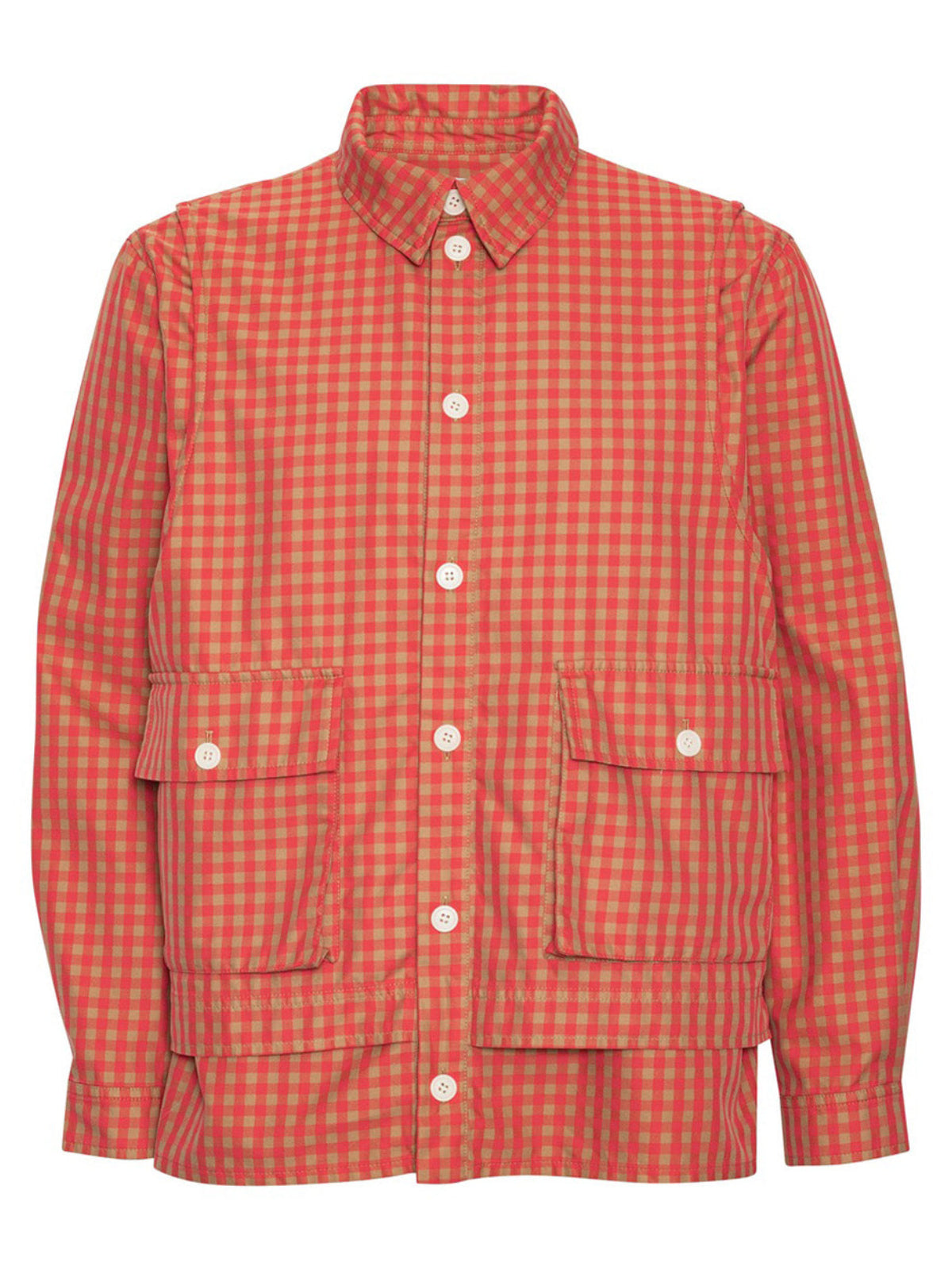 Henrik Vibskov Vest Shirt Red Beige Checks, flat lay front, red and beige gingham organic cotton shirt with four patch pockets and white buttons