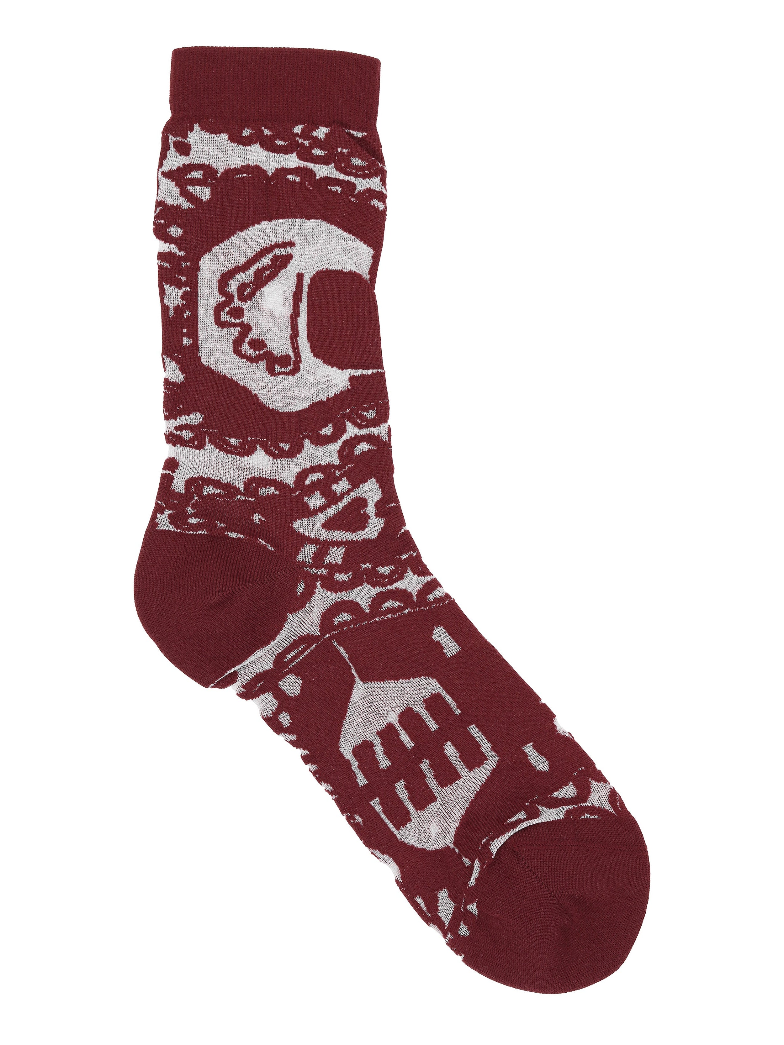 Front view of Victorian Socks Femme in Lilac Victorian with a purple-red tone and abstract Victorian-style illustration in semi-transparent material.