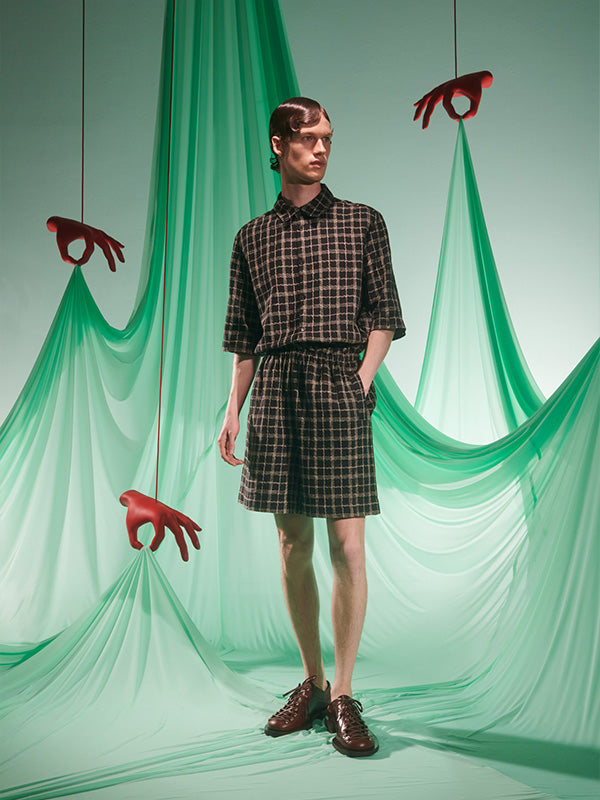 Waybill Shorts in Black Curvy Grid from Henrik Vibskov