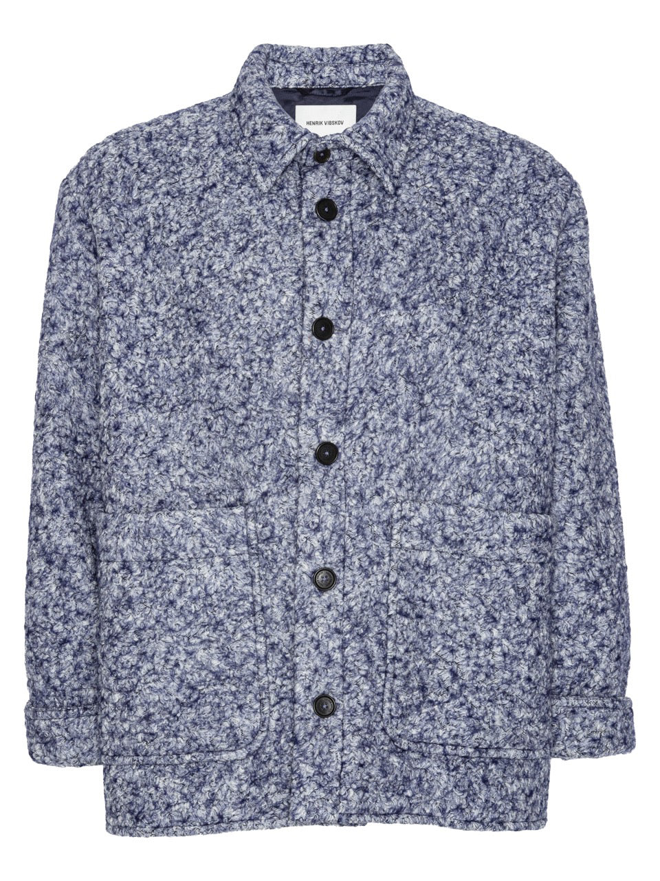 Henrik Vibskov Wheel Jacket in Blue Pebbles, front view, flecked bouclé wool blend texture, point collar, contrast black button-front fastening, twin patch pockets, turn-back cuffs, relaxed fit