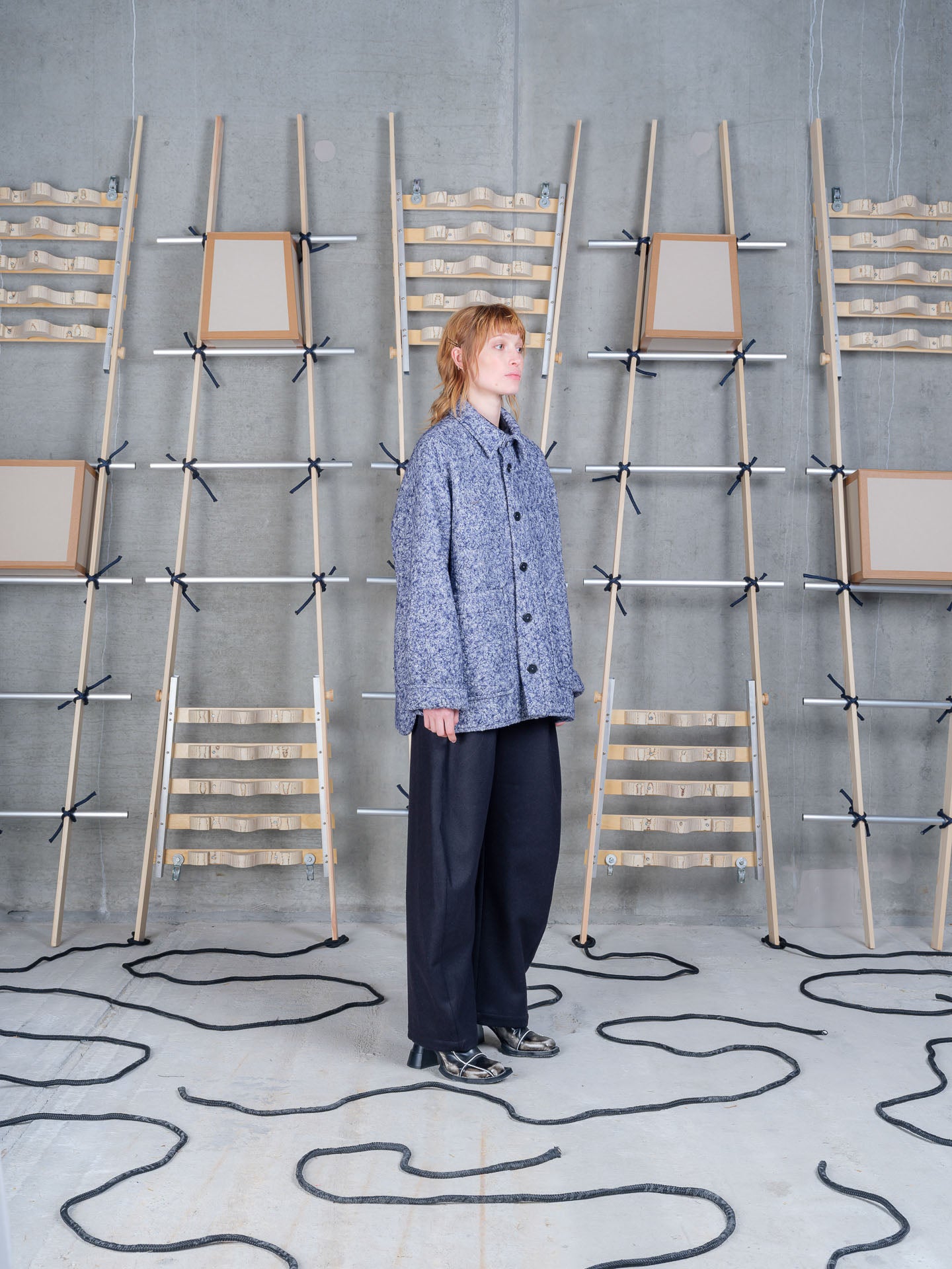 Henrik Vibskov Wheel Jacket in Blue Pebbles on-model side profile view, relaxed silhouette, point collar, twin patch pockets
