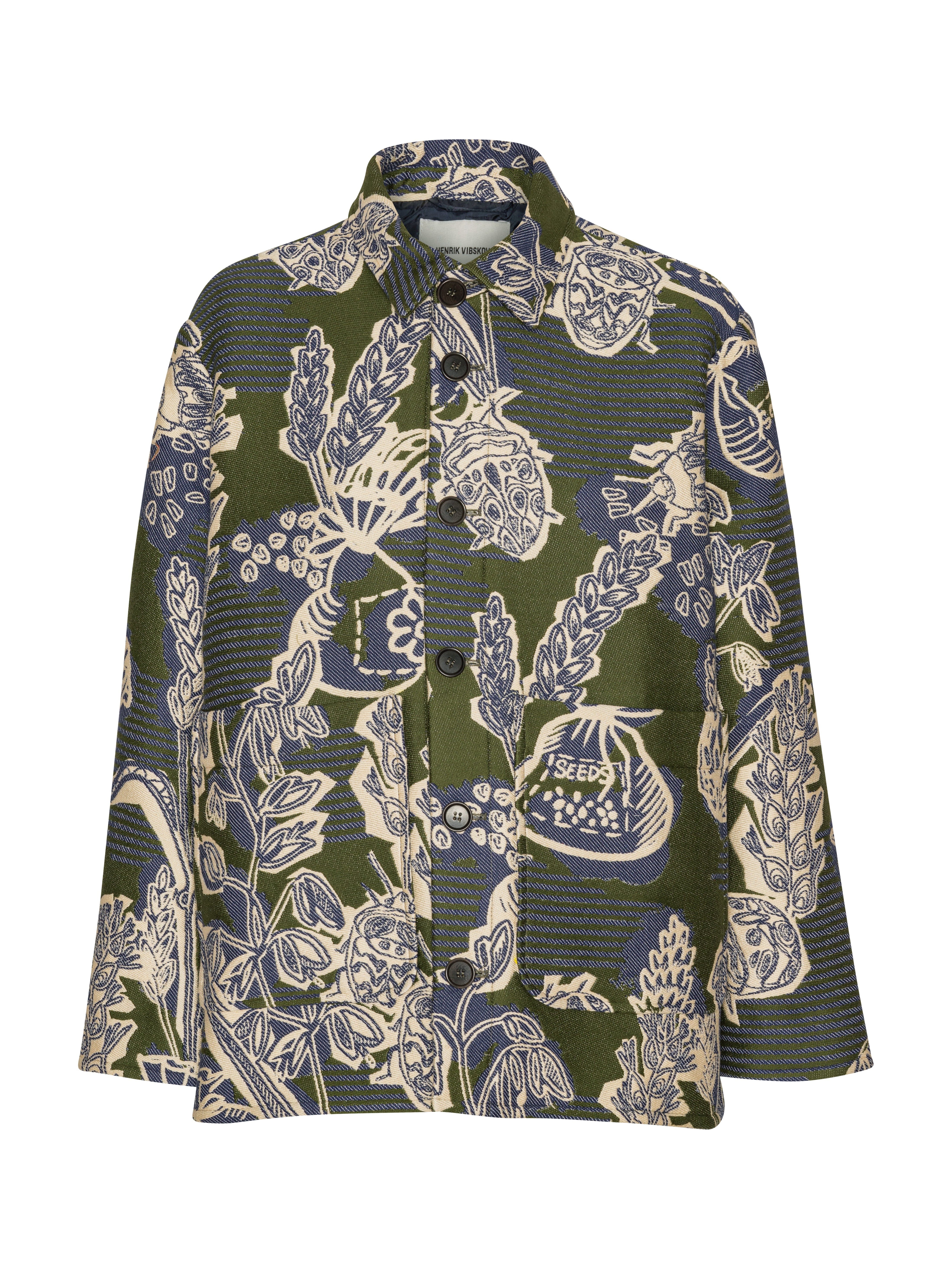 Wheel Jacket in Garden of EEden green blue and white floral patterned boxy jacket with collar and front button closure, front view – Henrik Vibskov Spring/Summer 2026 Key Collection