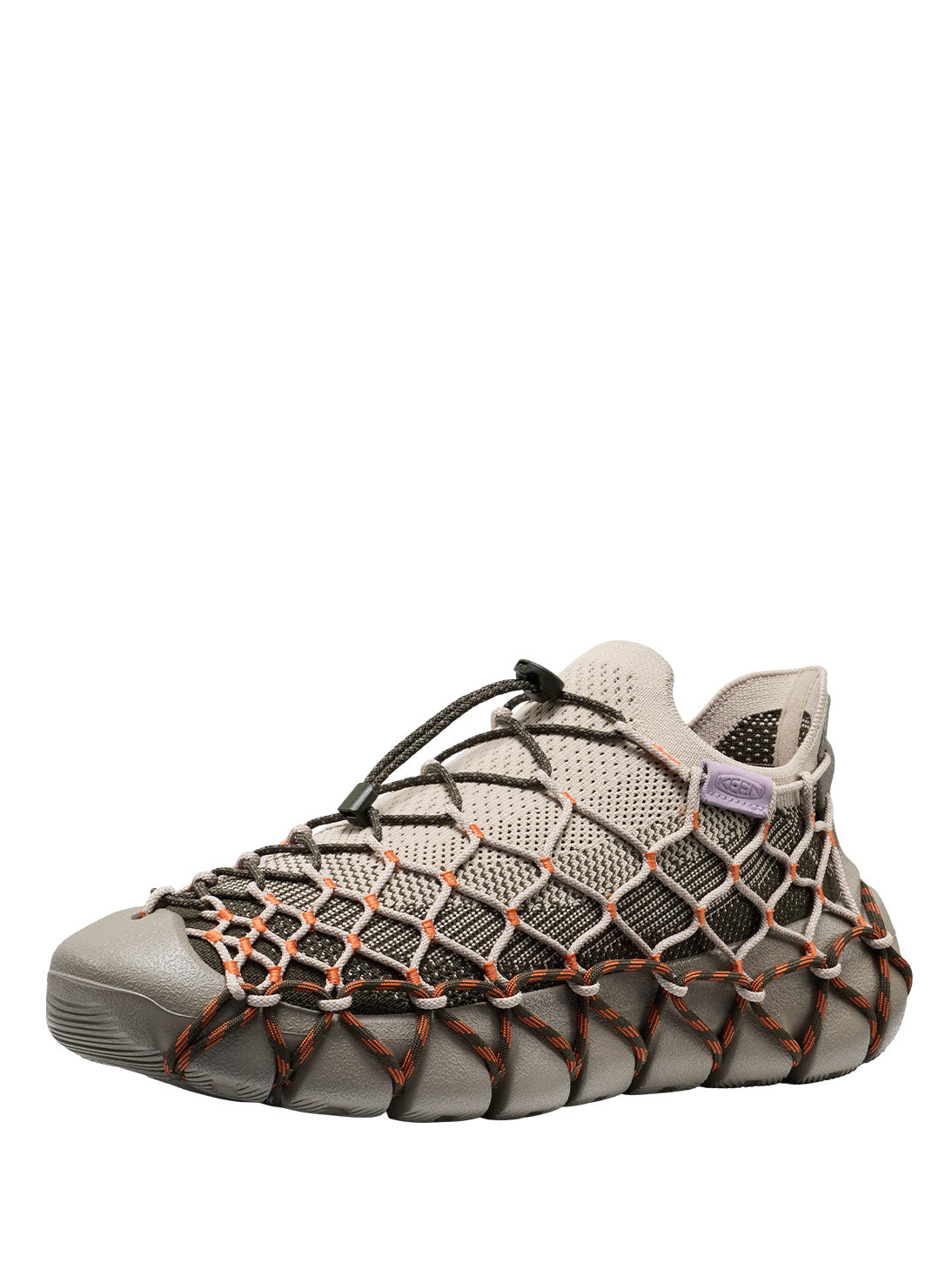 Henrik Vibskov x KEEN UNEEK 360 Mens Sneaker in Brindle Scarlet Ibis - front three-quarter view showing knit upper with olive and orange cord detailing on sculpted grey sole