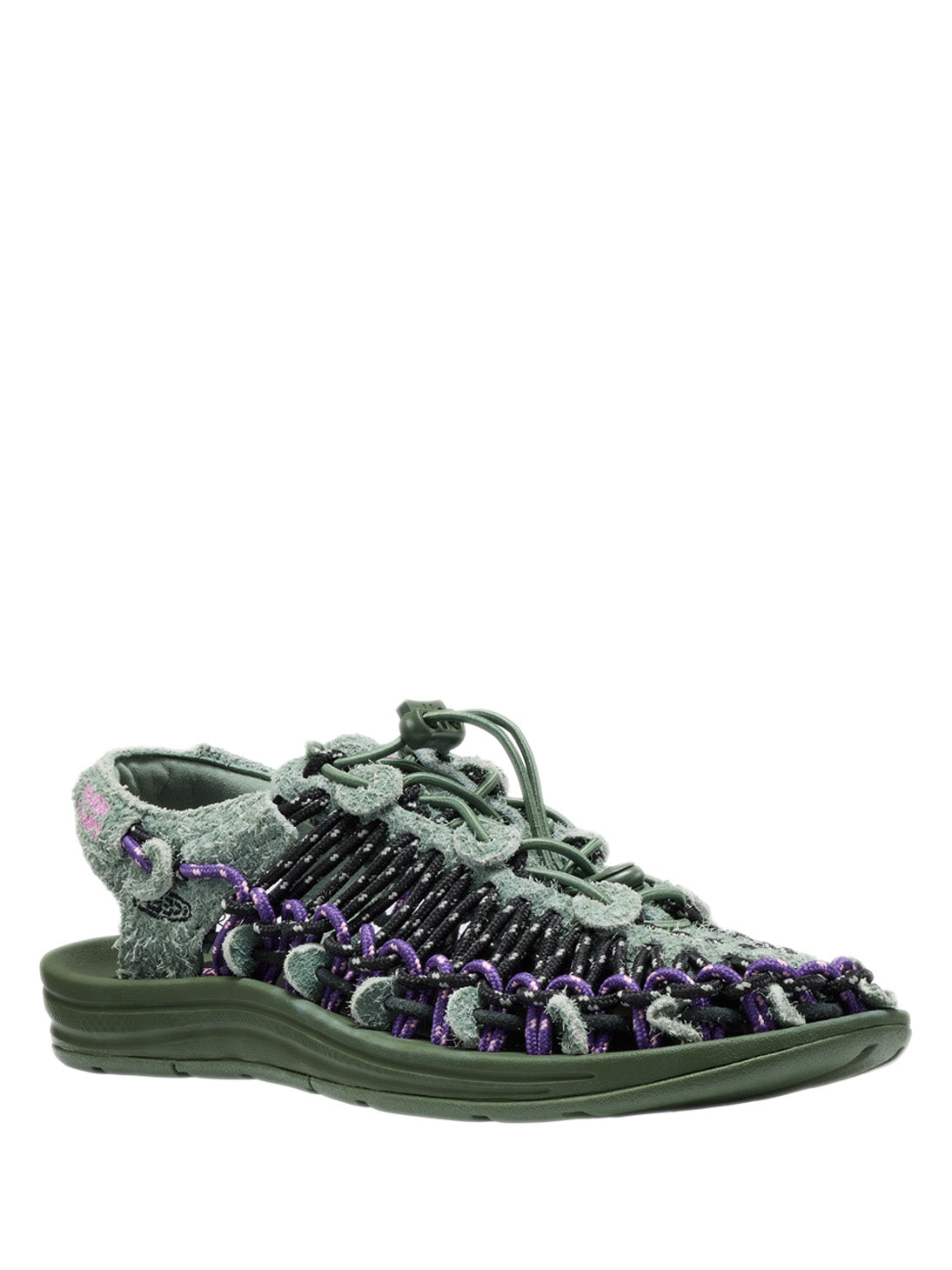Henrik Vibskov x KEEN UNEEK LEA Sandal in Bronze Green - side view showing woven cord upper with purple and black detailing on dark green sole 