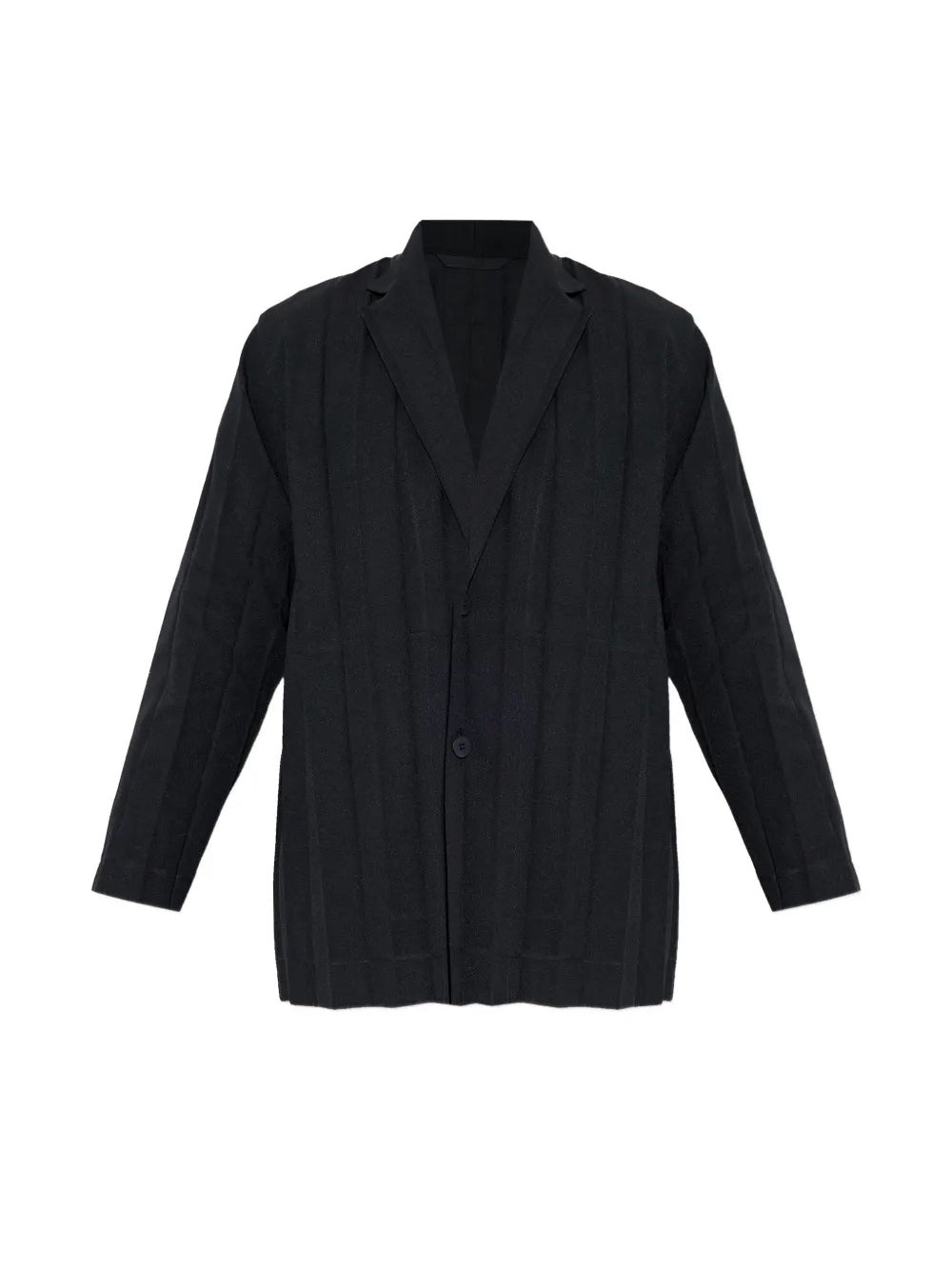 Edge Ensemble Jacket in Black by Homme Plissé Issey Miyake, front view of black plissé blazer with classic notched collar, two-button front closure, long sleeves and straight hem