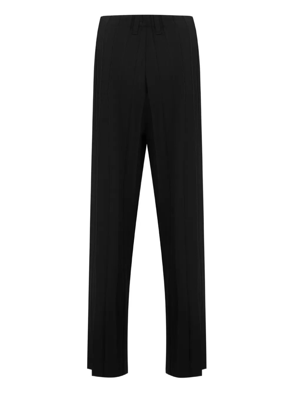 Back view of black pants with wide pleats from Homme Plissé Issey Miyake on a white background