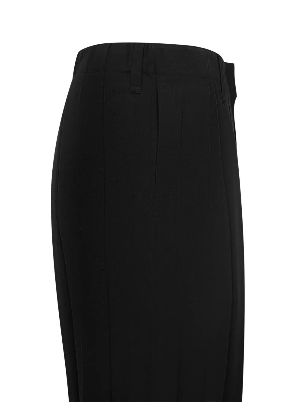 Close-up of the side pockets on the black pants with wide pleats from Homme Plissé Issey Miyake on a white background