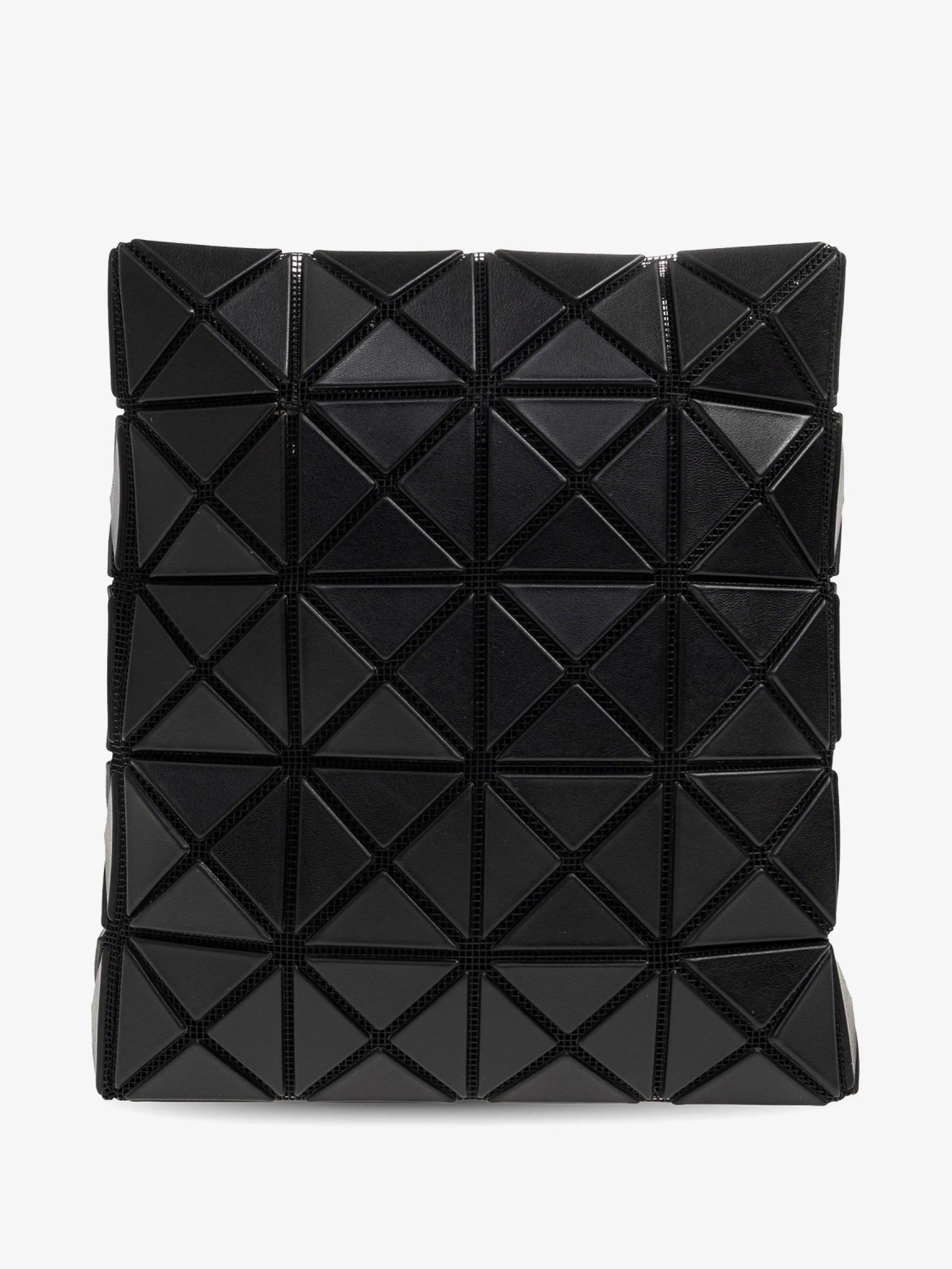 Back view of Bao Bao Issey Miyake Prism Matte Shoulder Bag in matte black with all-over triangular panel construction and slim square shape