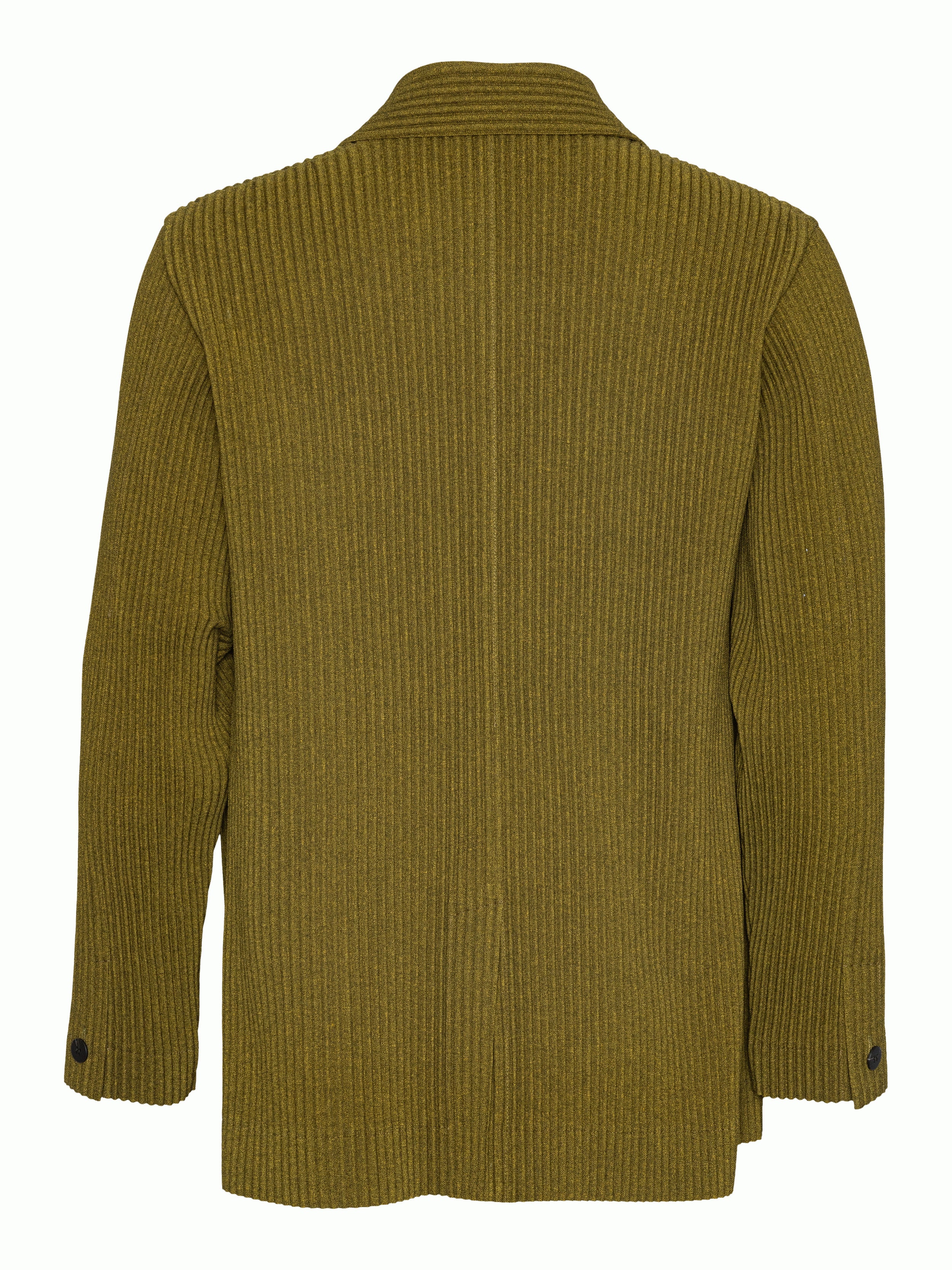 Back view of a mossy yellow-green plissé blazer from Homme Plissé Issey Miyake