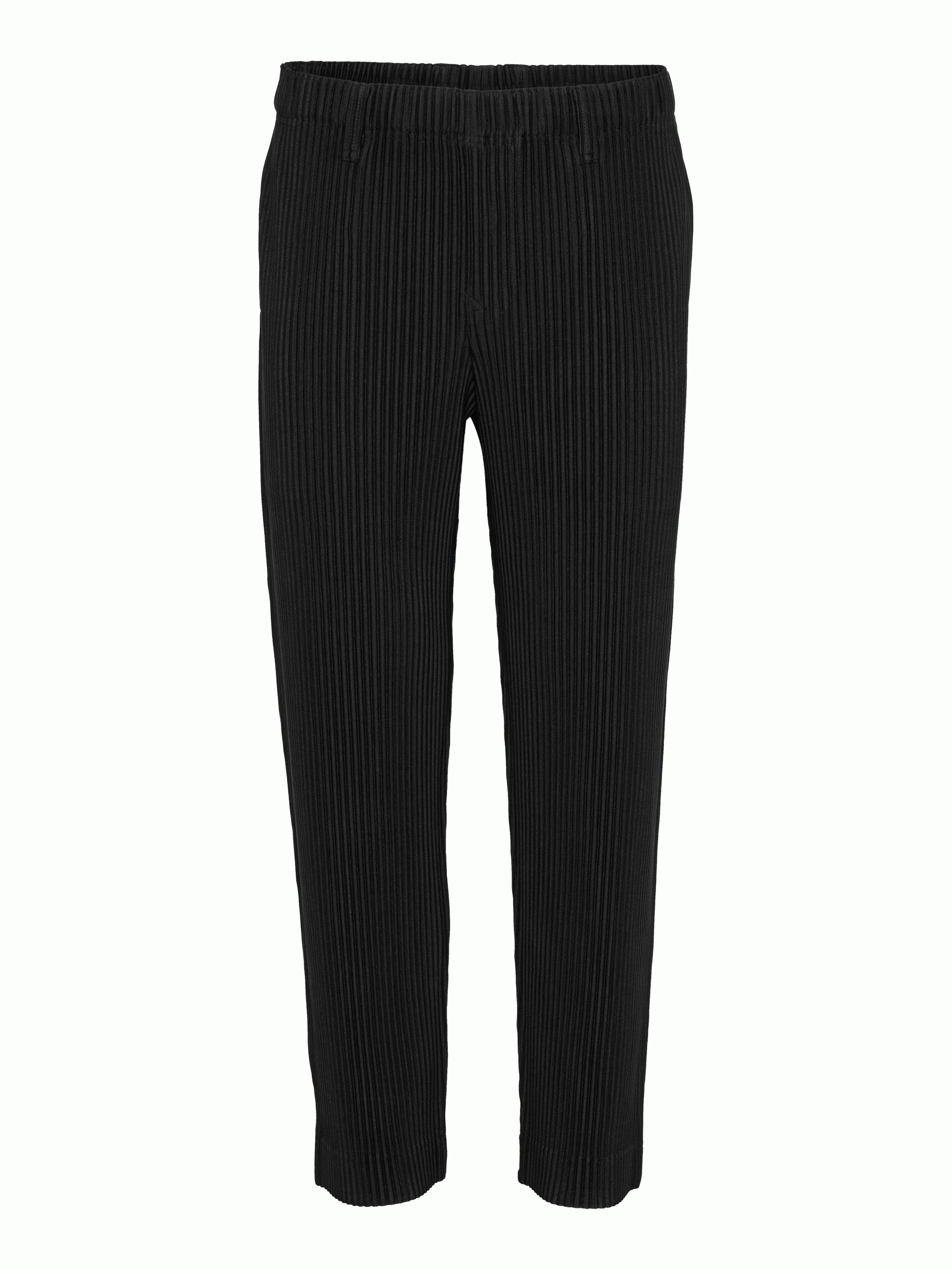 Front view of black plissé pants with straight legs from Homme Plissé Issey Miyake