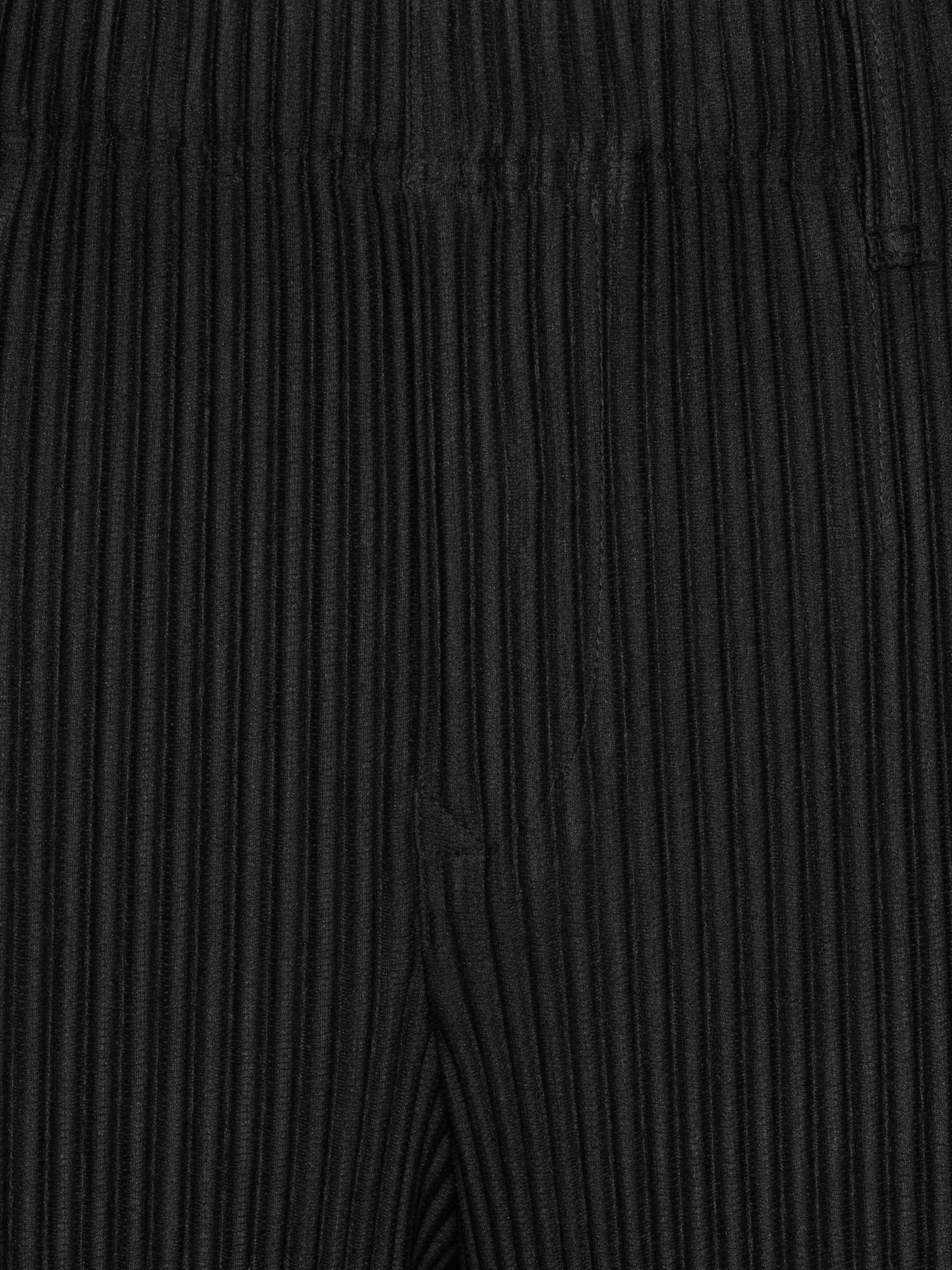Close-up of the black plissé pants with straight legs from Homme Plissé Issey Miyake