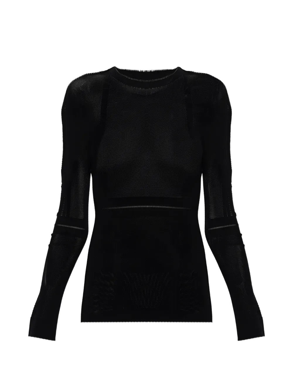 March SS26 Slits Mesh AP Top in Black black mesh knit long sleeve top with round neck, fitted waist and slit details, front view – Issey Miyake