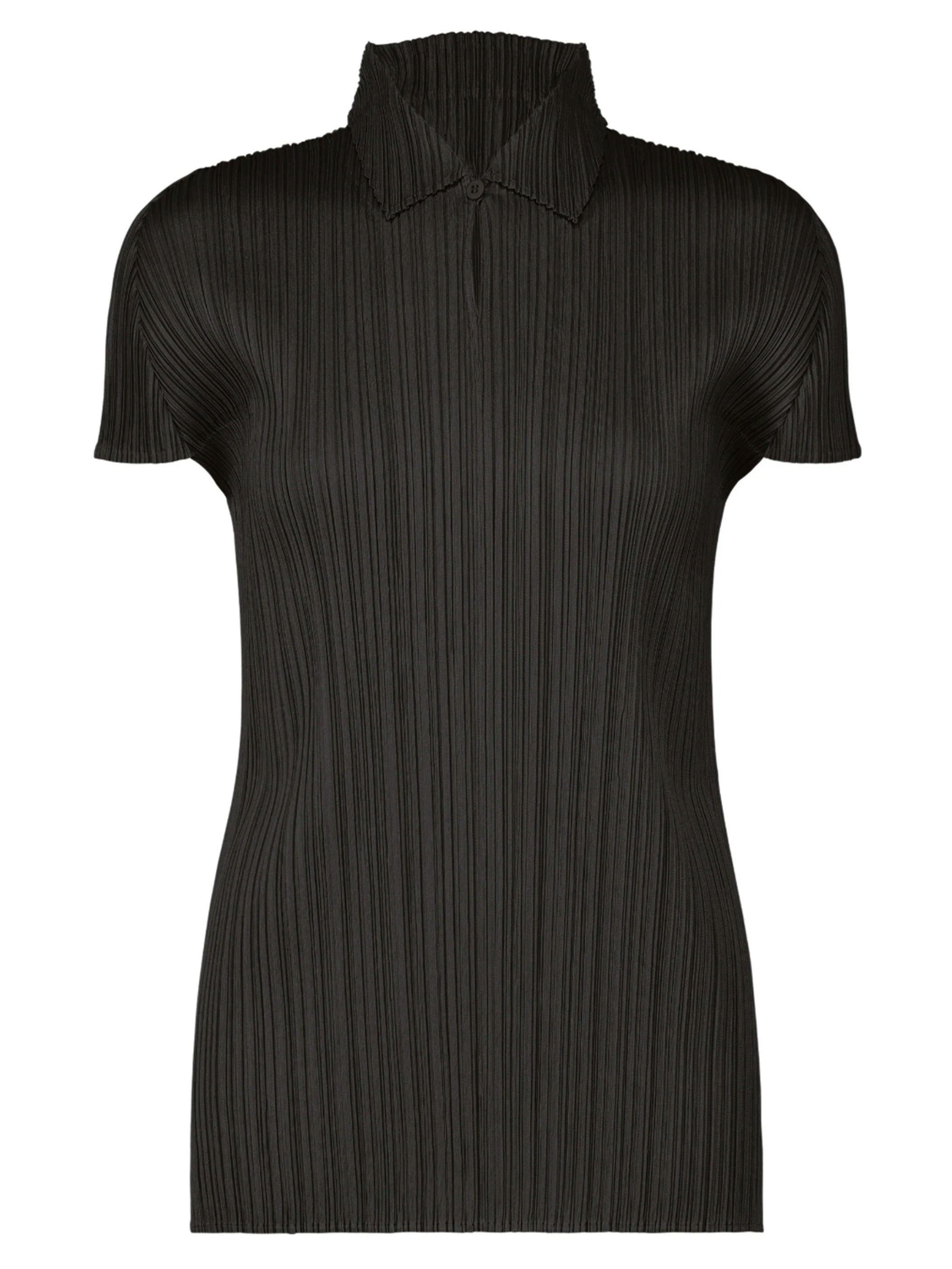 Black pleated t-shirt with a collar on a white background