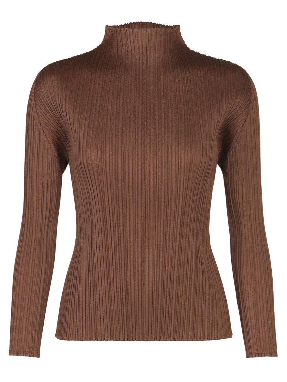 Brown, long sleeve, pleated top by Pleats Please Issey Miyake on a white background