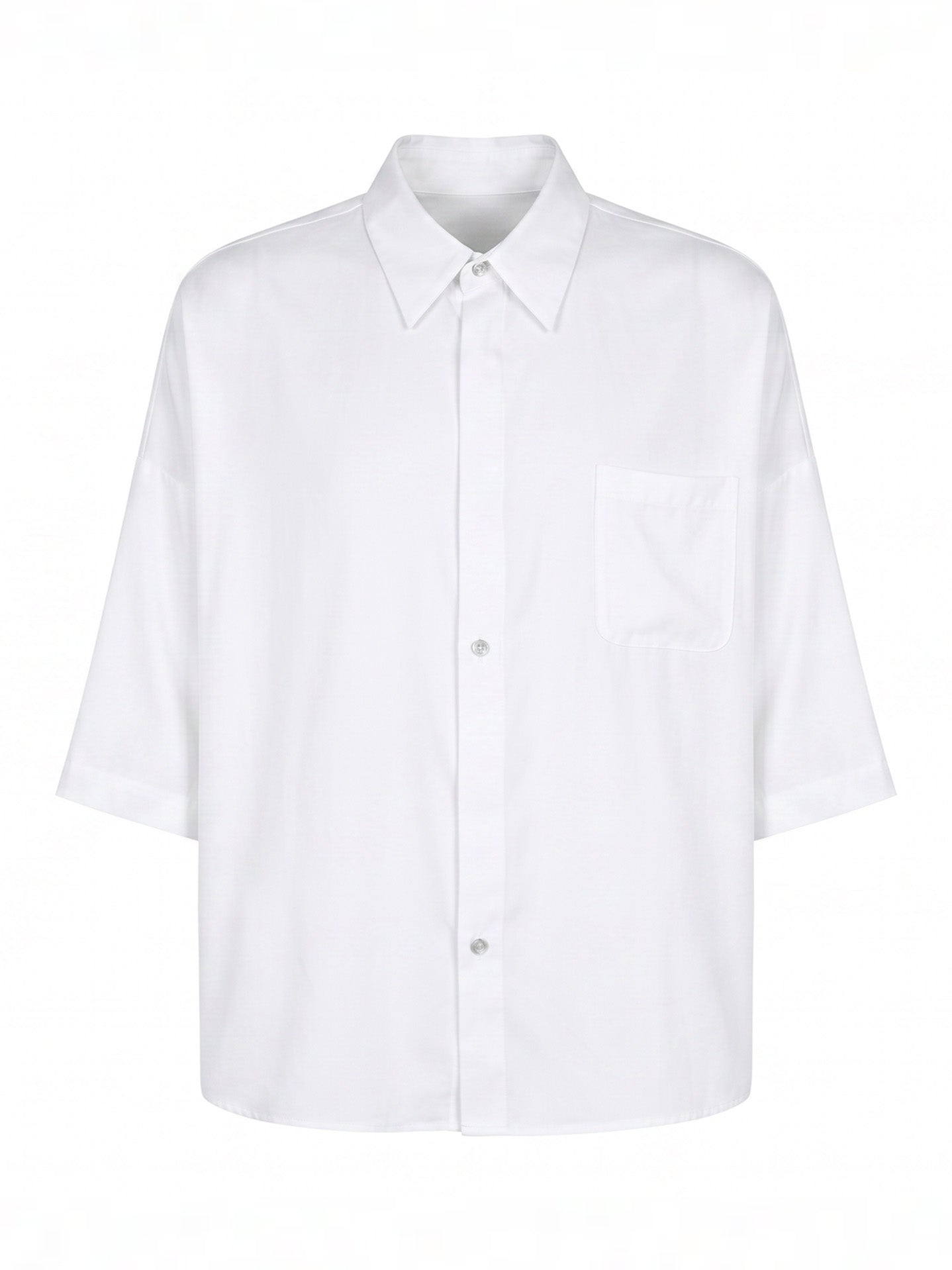 House Of The Very Islands Jacob Shirt in White - flat lay showing oversized TENCEL twill weave shirt with classic collar and chest patch pocket