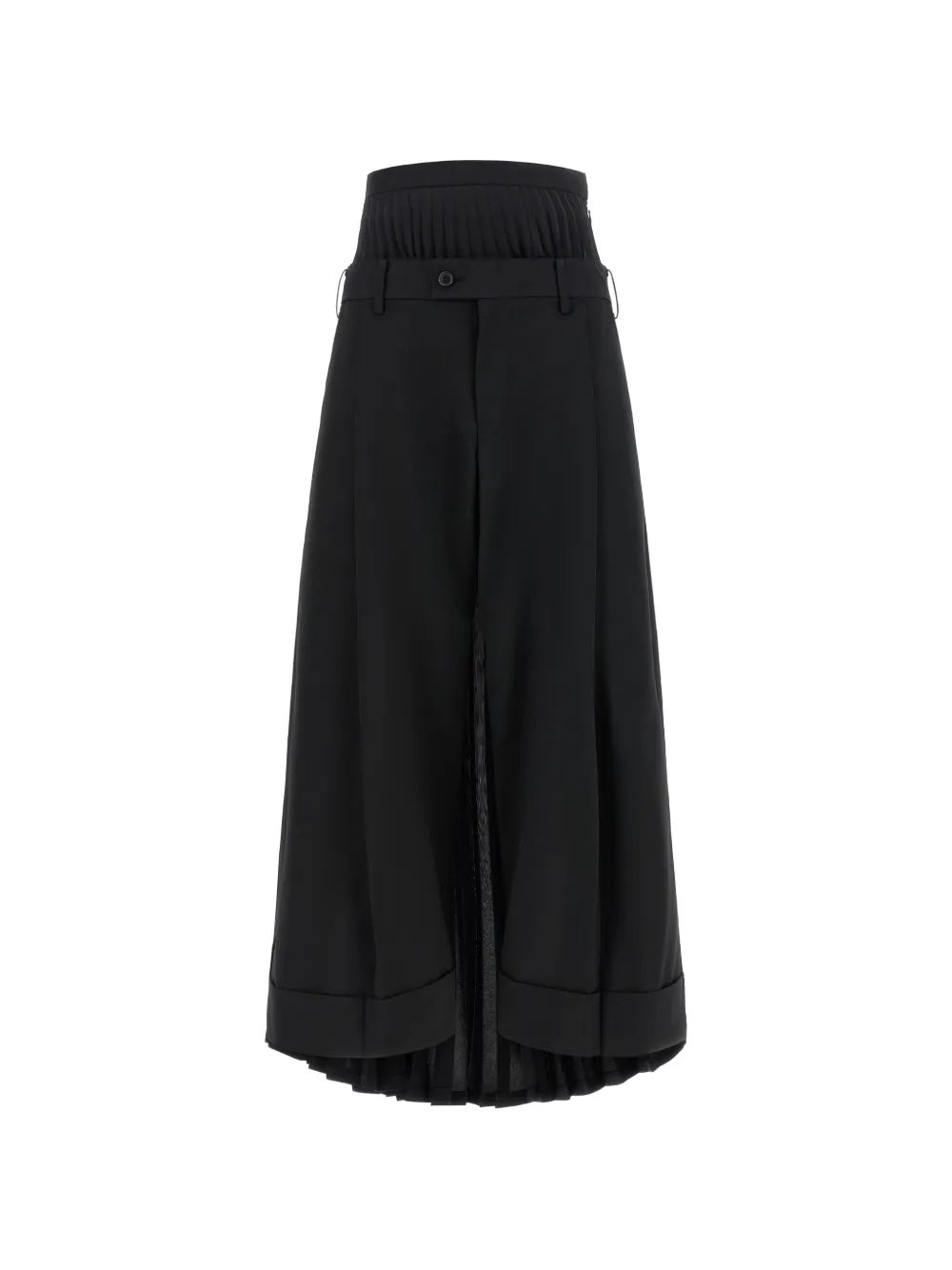 Junya Watanabe Women's Layered Half-Pleated Trousers in black, front view, tailored wide-leg trouser with pleated waistband and pleated hem layer