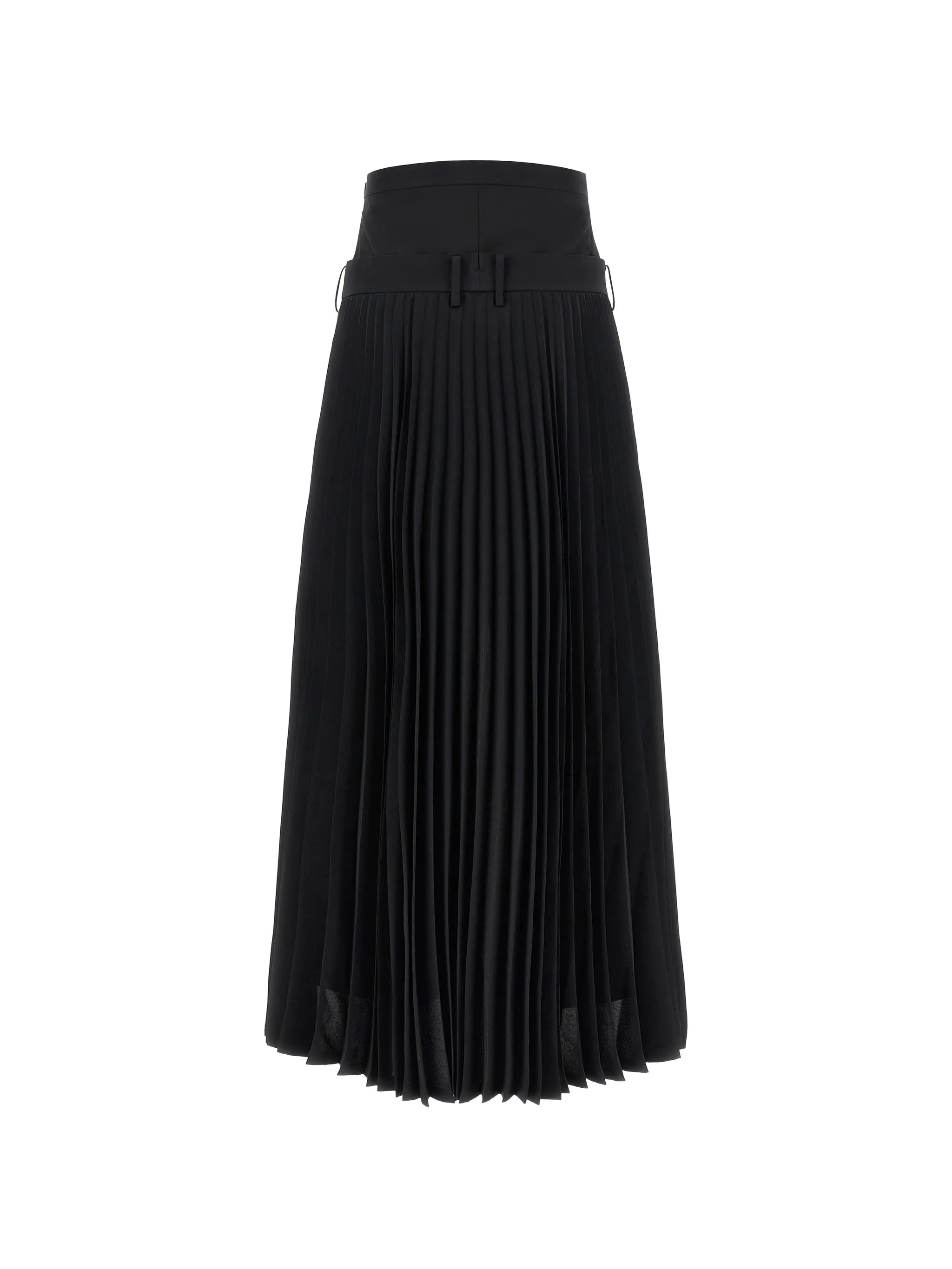 Junya Watanabe Women's Layered Half-Pleated Trousers in black, back view, high waist with belt loops and full pleated skirt layer