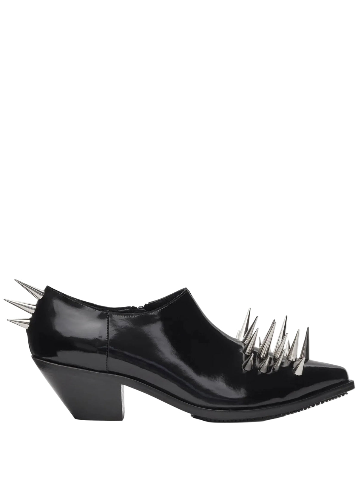unya Watanabe Women's Spiked Leather Shoes in Black, side view showing patent leather finish, pointed toe, heeled outsole and spike detailing.
