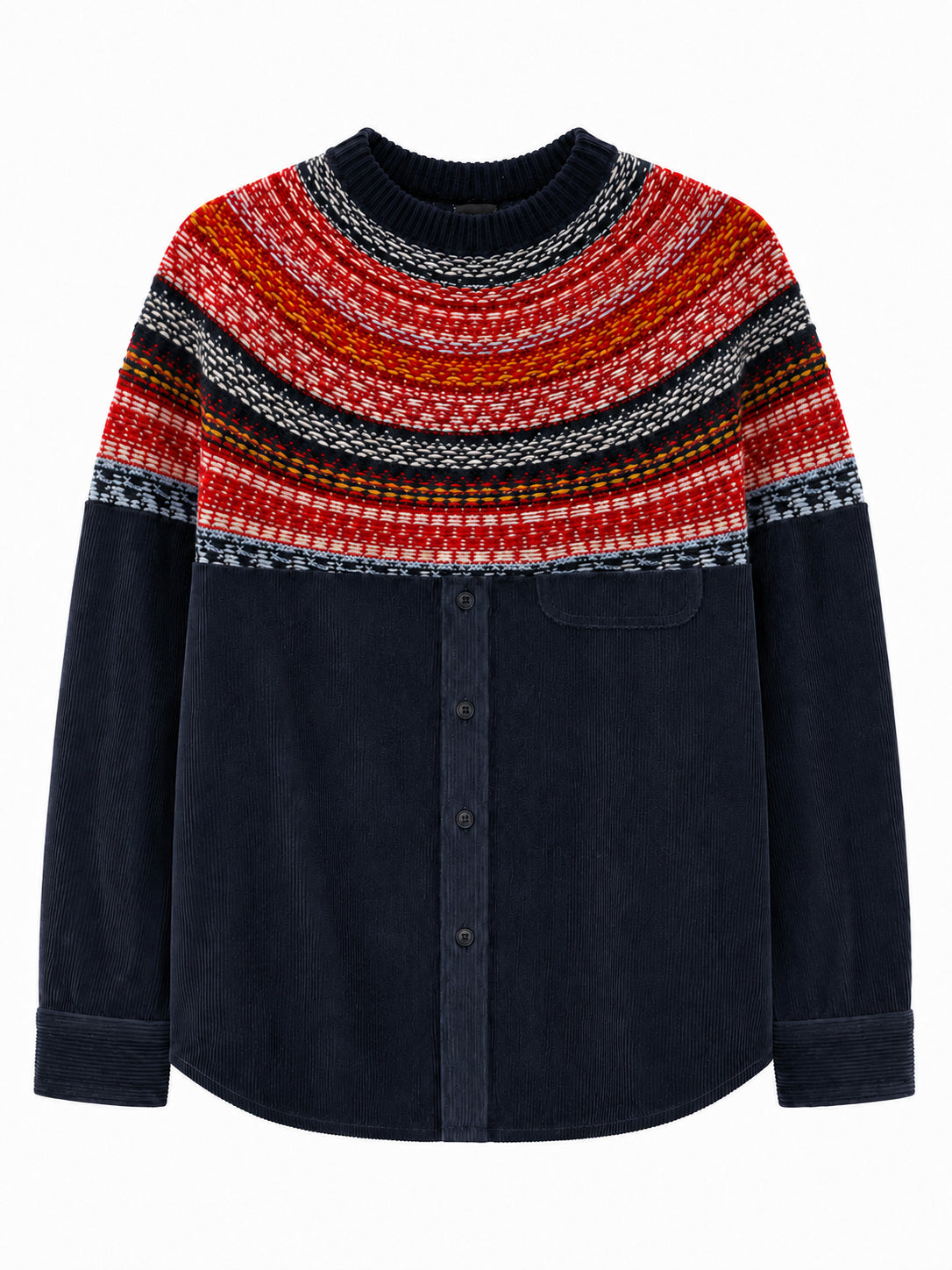 KAWAKEY Deconstructed Fair Isle Shirt in Royal Navy, corduroy shirt with knitted Fair Isle upper panel and chest pocket