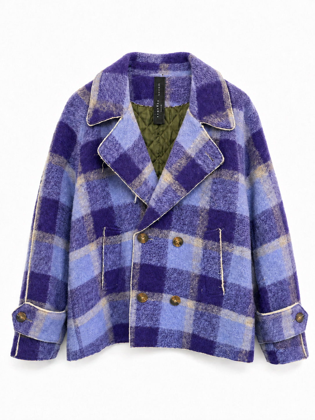 KA WA KEY Kimono-Inspired Peacoat in Lake & Night, blue checked wool peacoat with double-breasted front, wide lapels and contrast trim