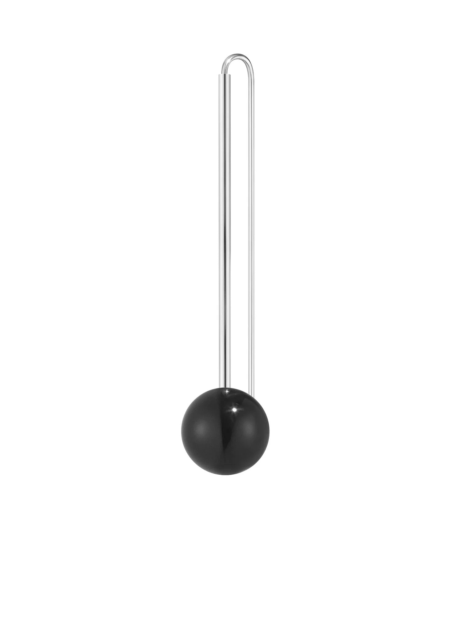 Katrine Kristensen Big Dot Earring in Silver, single earring, elongated U-bar silver hook, oversized glossy onyx sphere drop, minimal contrast drop silhouette
