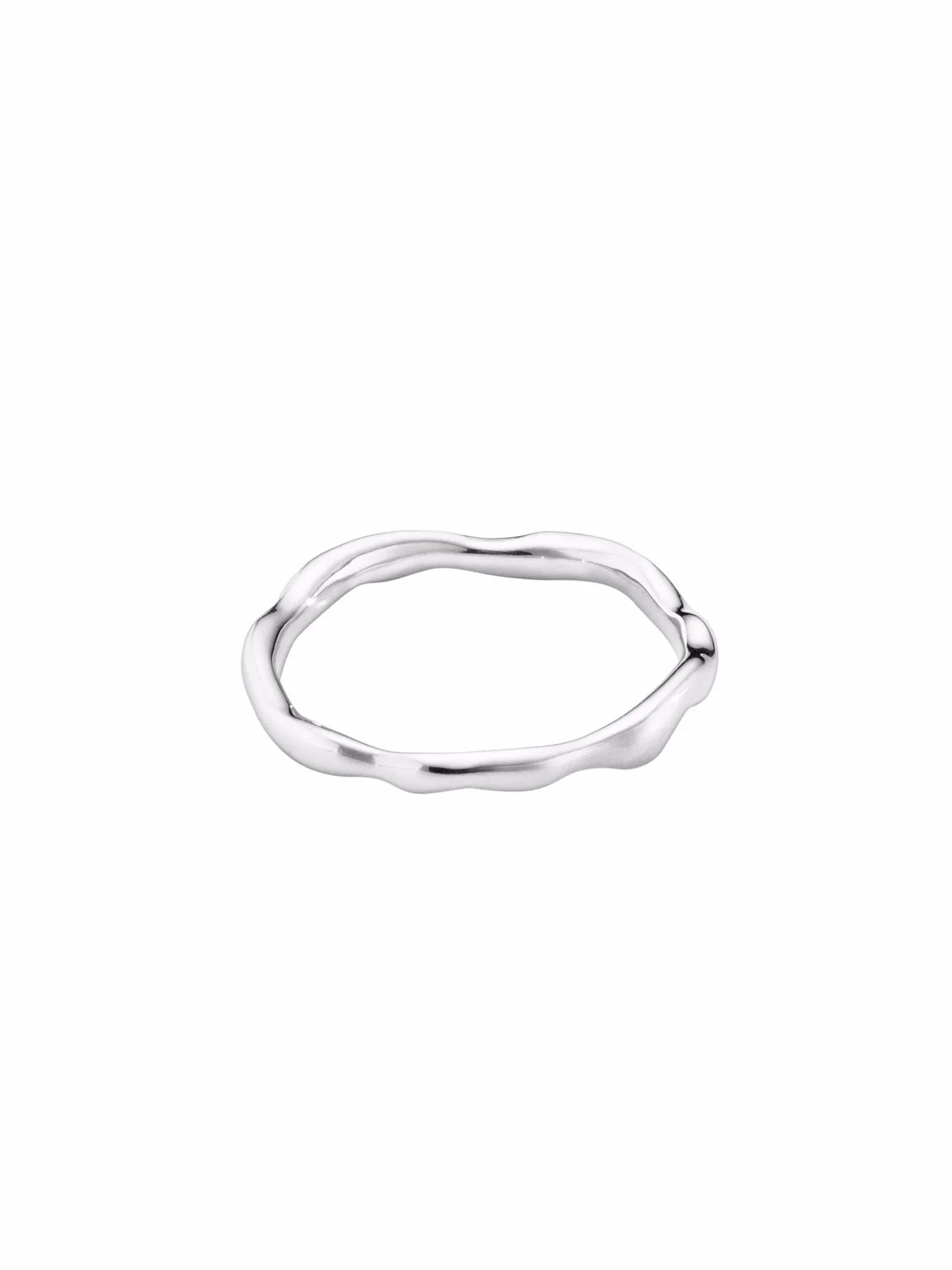 Katrine Kristensen Thin Liquid Ring in Silver, organic undulating slim band, polished silver finish, irregular flowing form, stackable ring