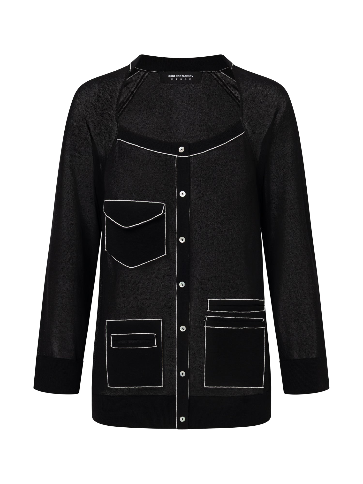 Kiko Kostadinov Woman Kreiner Knit Cardigan in black, front flat lay showing semi-sheer knit construction, white contrast topstitching outlining three patch pockets, raglan sleeves, and a centre-front snap button placket