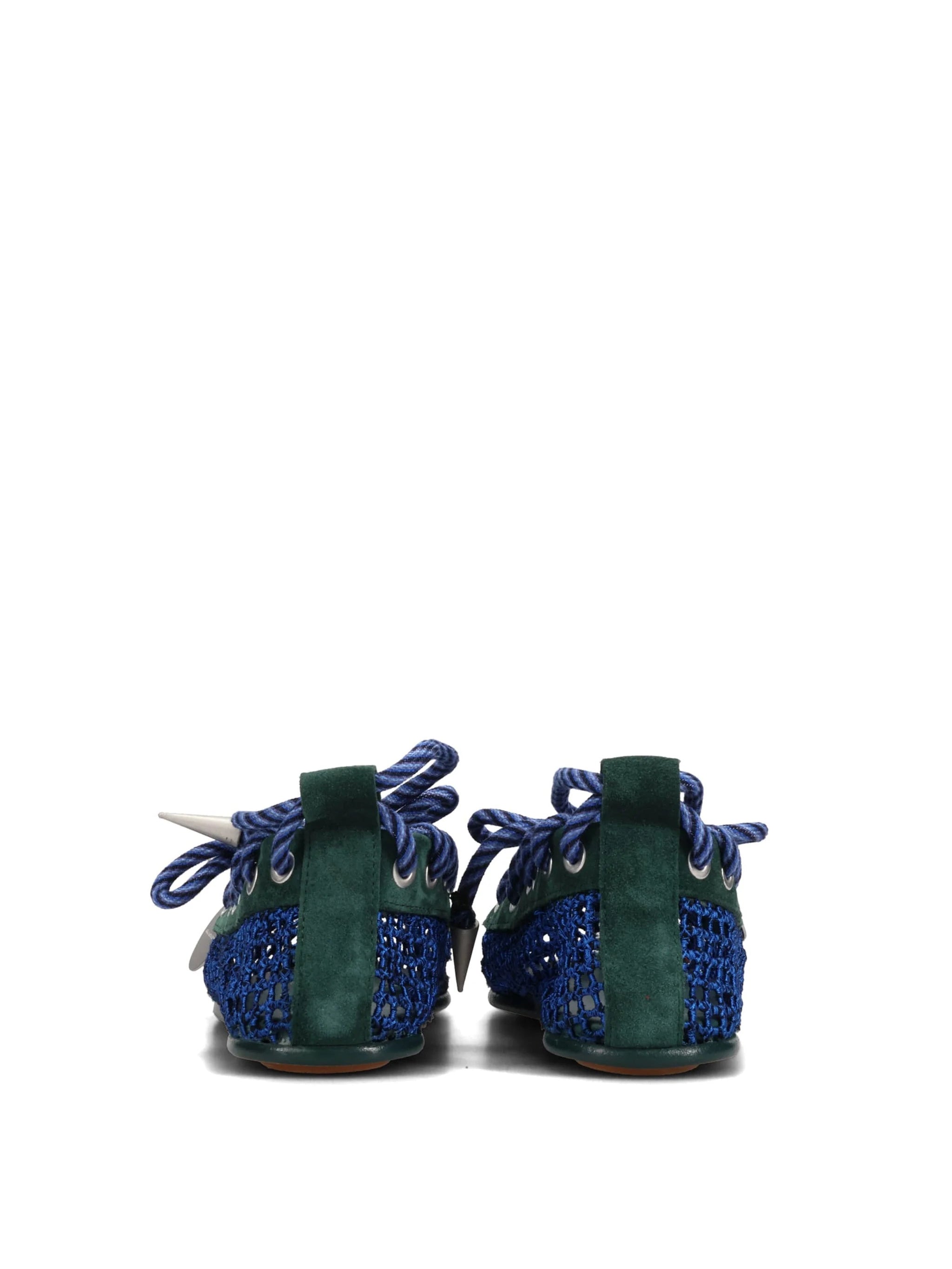 Kiko Kostadinov Reticella Ballerina in Sapphire, rear pair view, ankle-wrap twisted rope lacing, green suede trim, spiked aglet tips, sapphire blue point coupé mesh