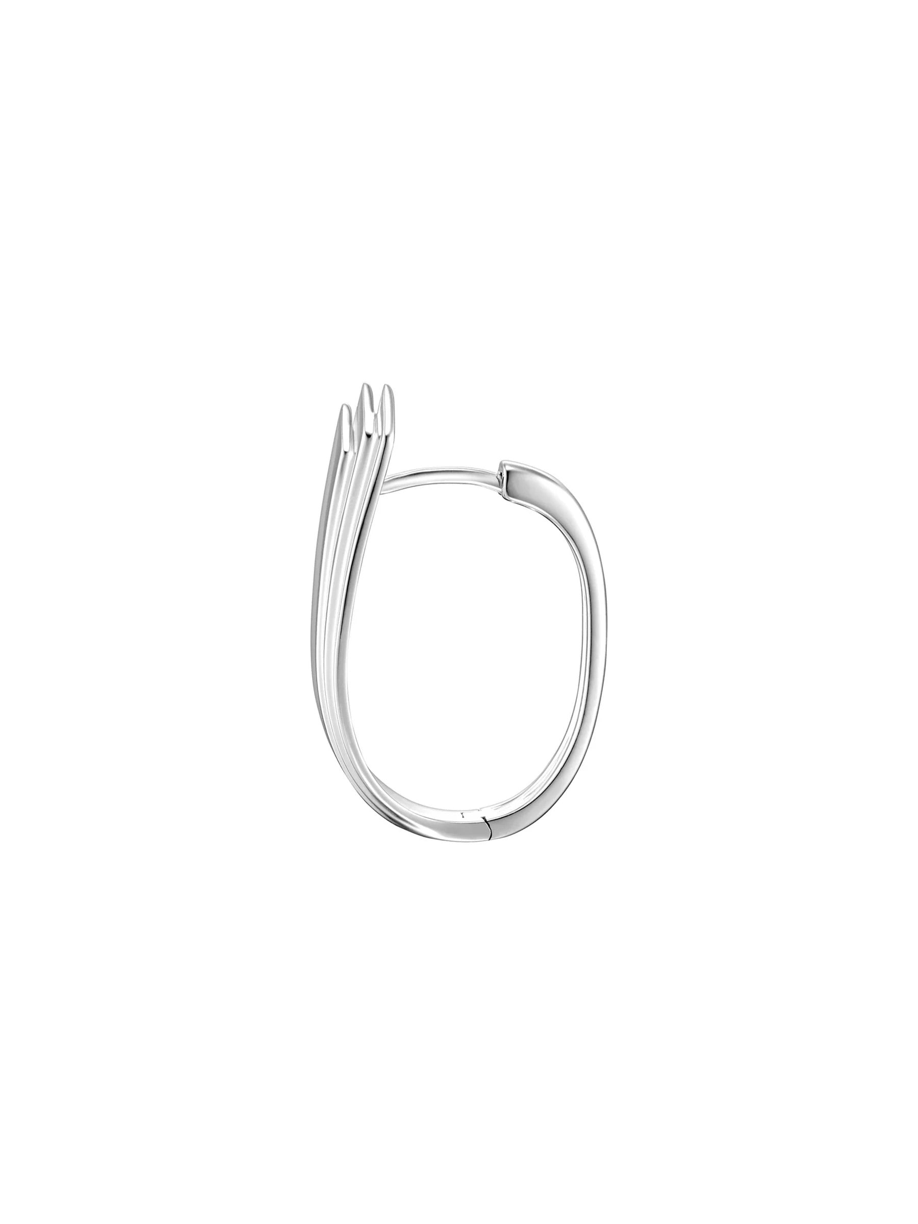 Back view of Kinraden Symmetry Earring in silver with hoop fastening and polished sculptural construction