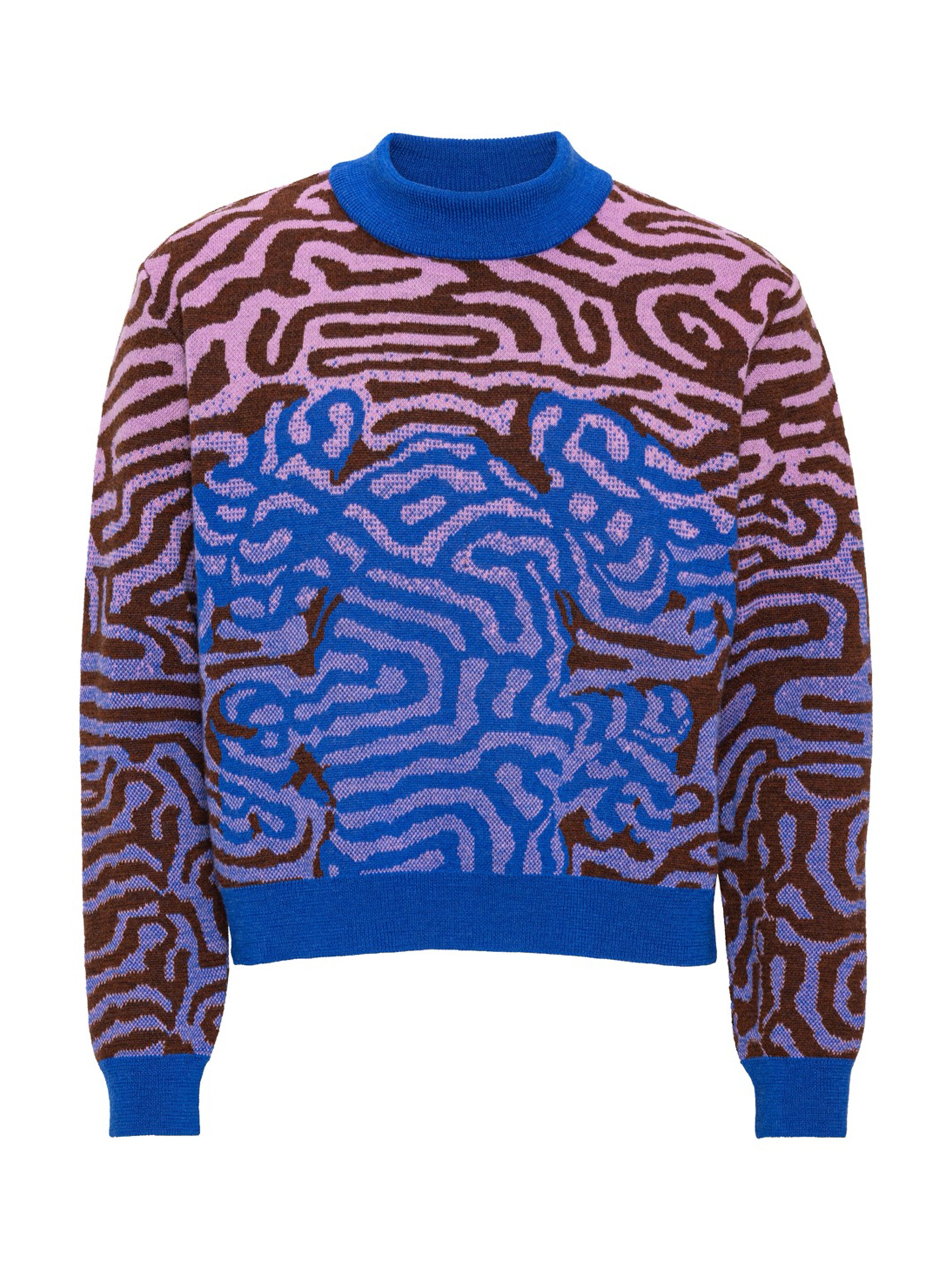 Henrik Vibskov Labyrinth Sweater in Blue Frog with labyrinth-inspired knitted pattern, front view.
