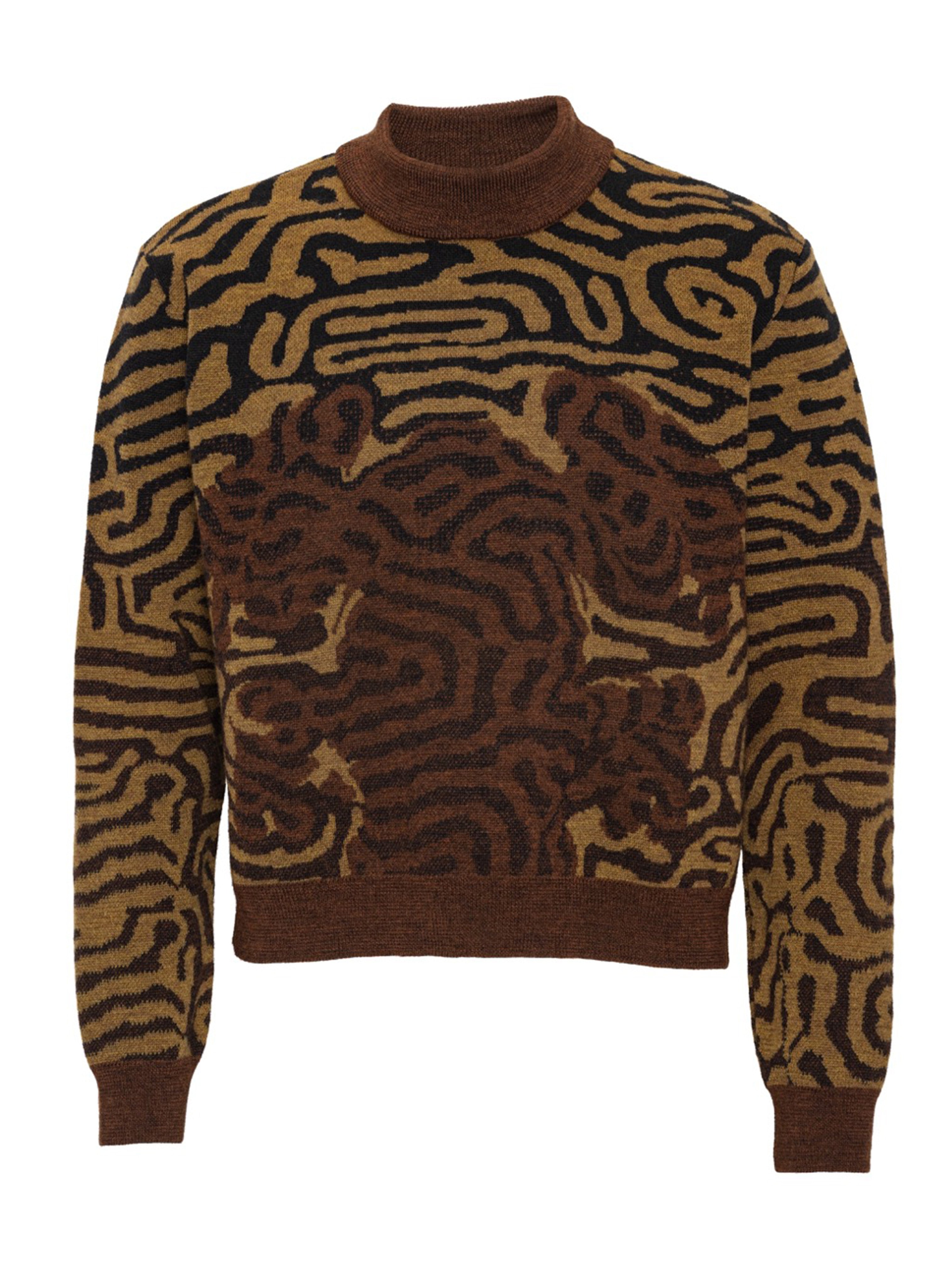 Henrik Vibskov Labyrinth Sweater in Brown Frog with labyrinth-inspired knitted pattern, front view.