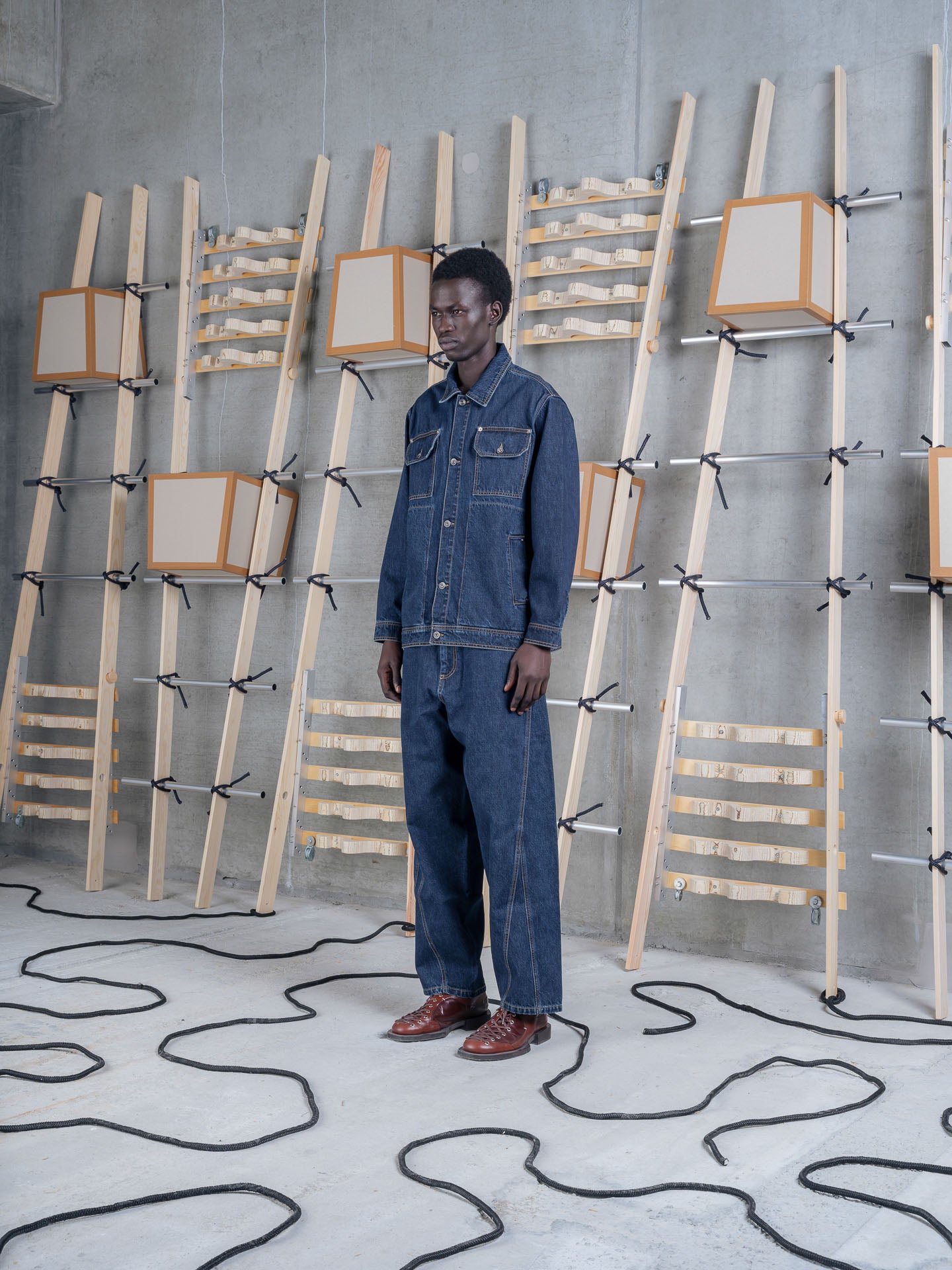 Model wearing Henrik Vibskov Mads Jacket in Rinse Denim side view