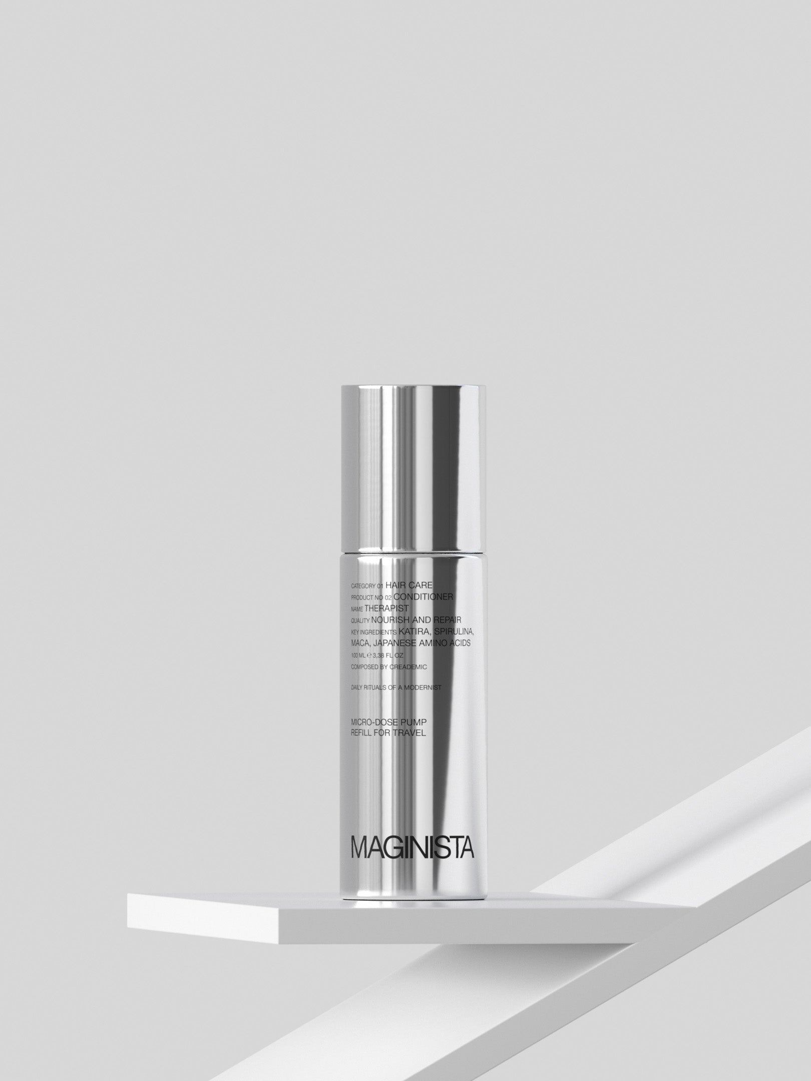 Conditioner bottle with 'MAGINISTA' branding on a gray background