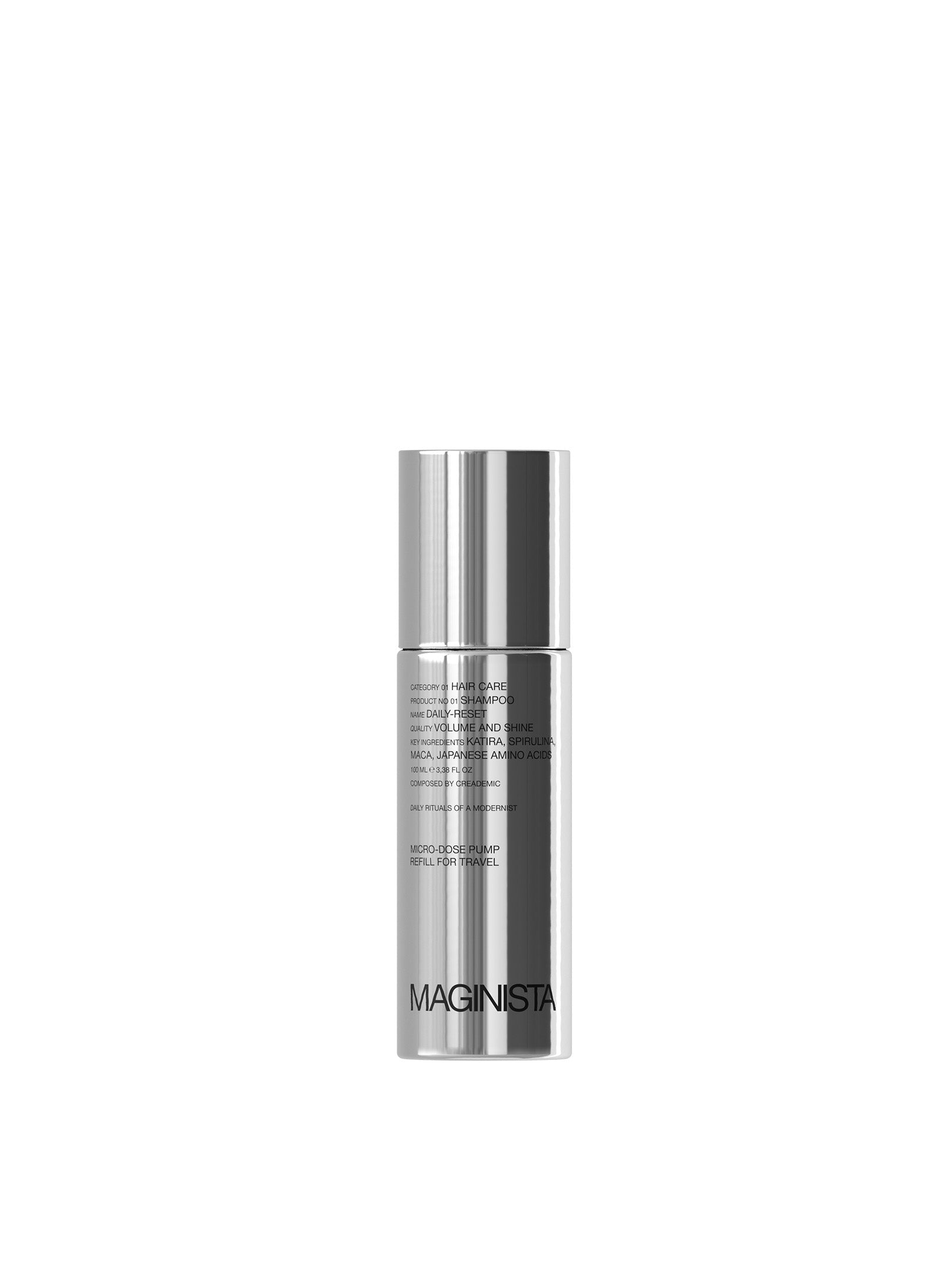 Silver shampoo bottle with 'MAGINISTA' branding on a white background