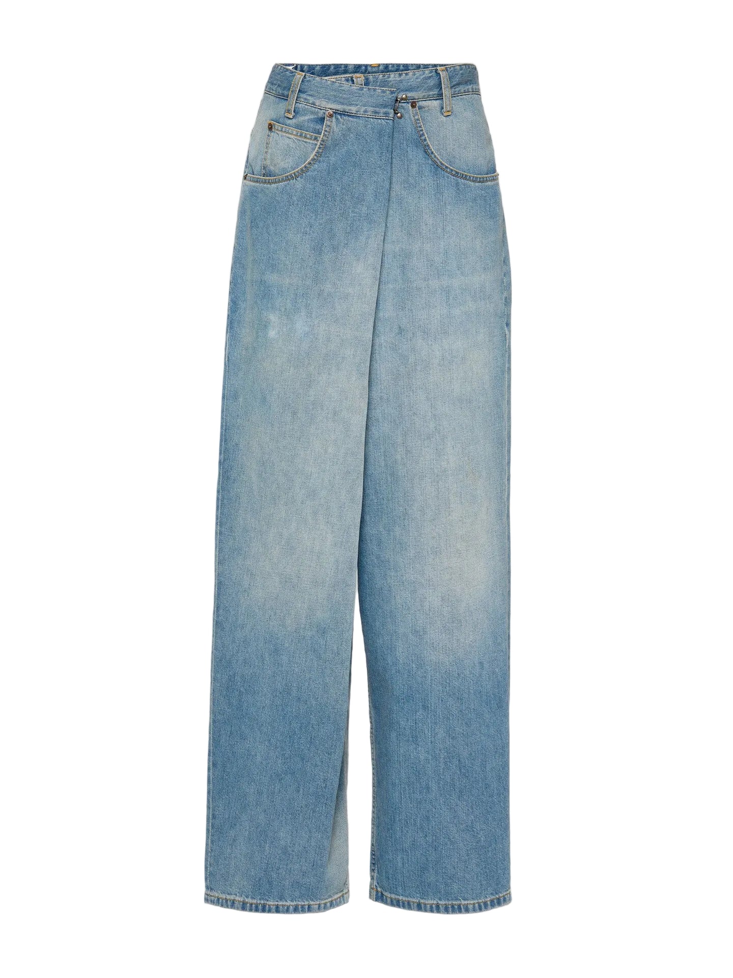 Maison Margiela 5-Pocket Pants in Old Blue shown from the front, featuring an asymmetric wrap-style waist, washed denim and wide legs.