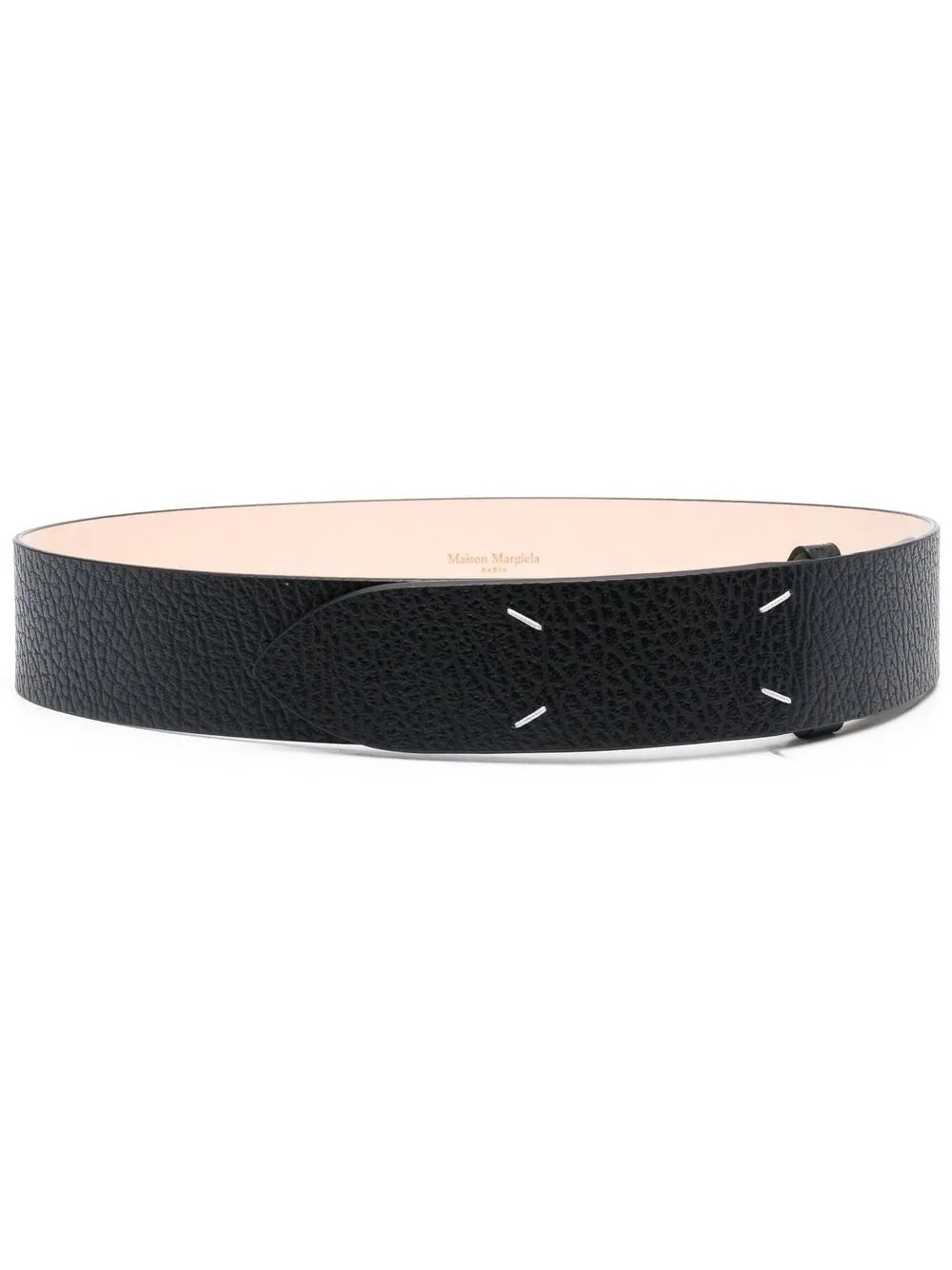 Black belt featuring four white stitches from Maison Margiela on a white background