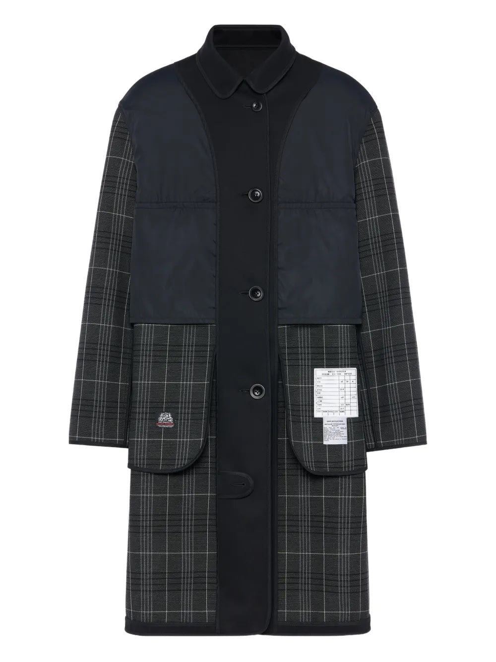 Maison Margiela black and grey check coat with inside-out design, front button closure and flap pockets