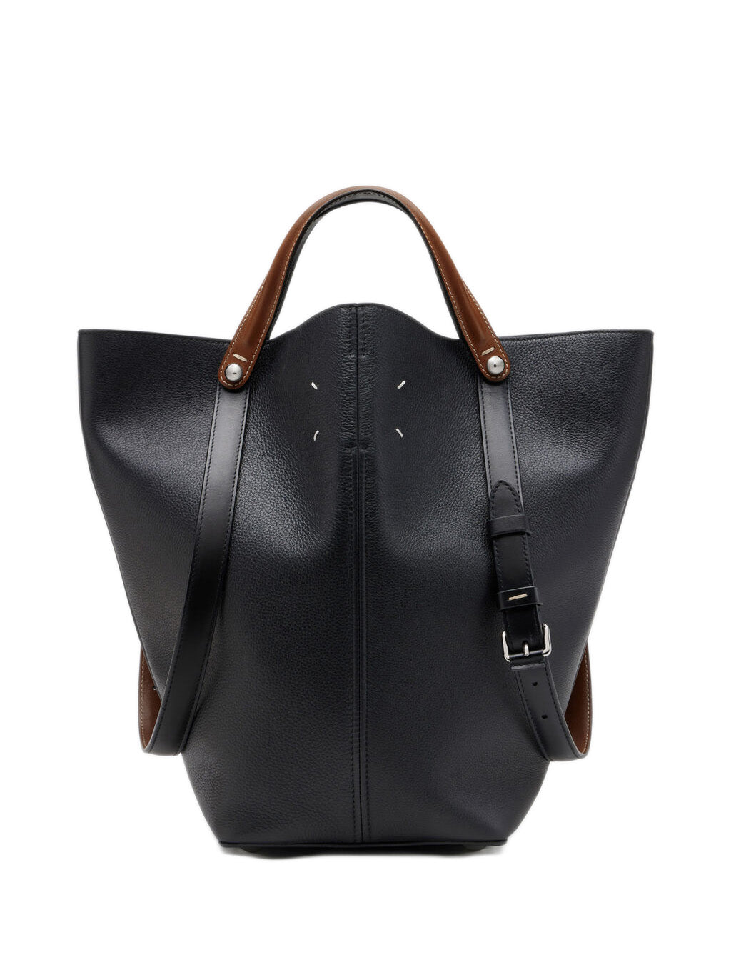 Maison Margiela Dress-Age Medium in black pebbled calfskin with chestnut contrast handles and four white stitches, front view