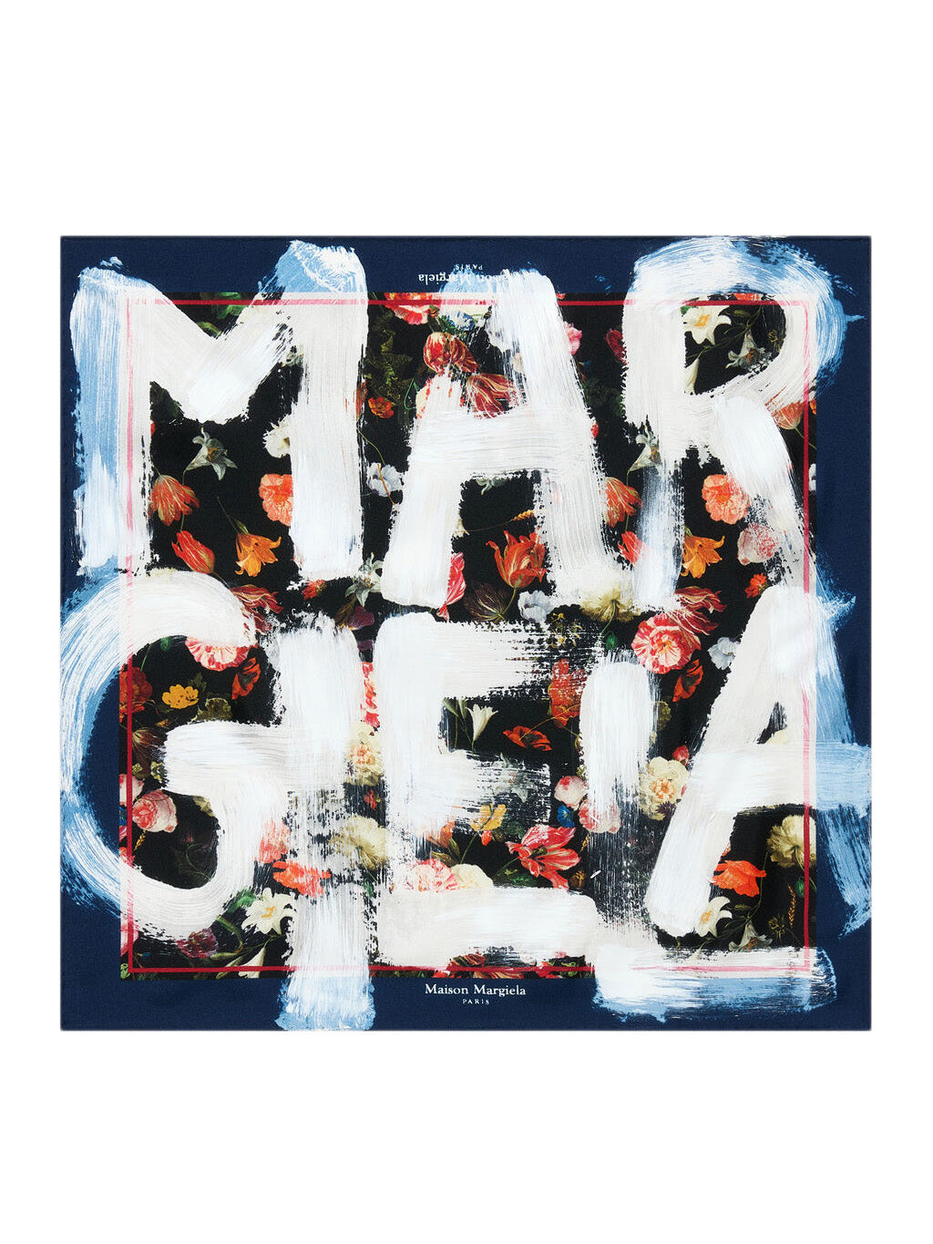 Maison Margiela Flowers Silk Foulard Square 44 in black silk, showing white brushstroke "MARGIELA" lettering over dark-ground Dutch Masters floral print with tulips and roses