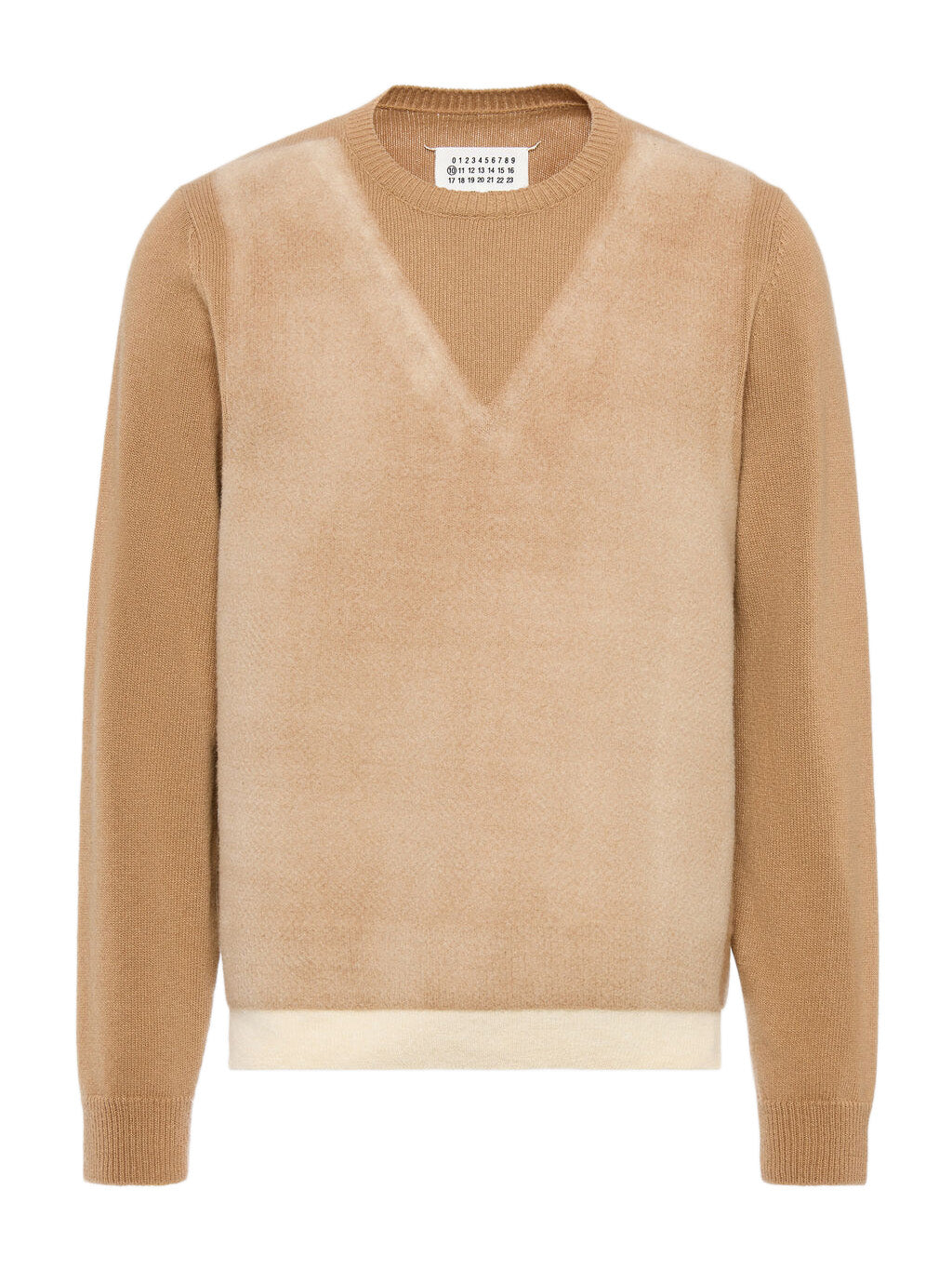 Maison Margiela Fused Knit Wool Crewneck Sweater in camel lambswool, front flat view showing needle-punched trompe l'oeil V-neck detail and Maison Margiela label