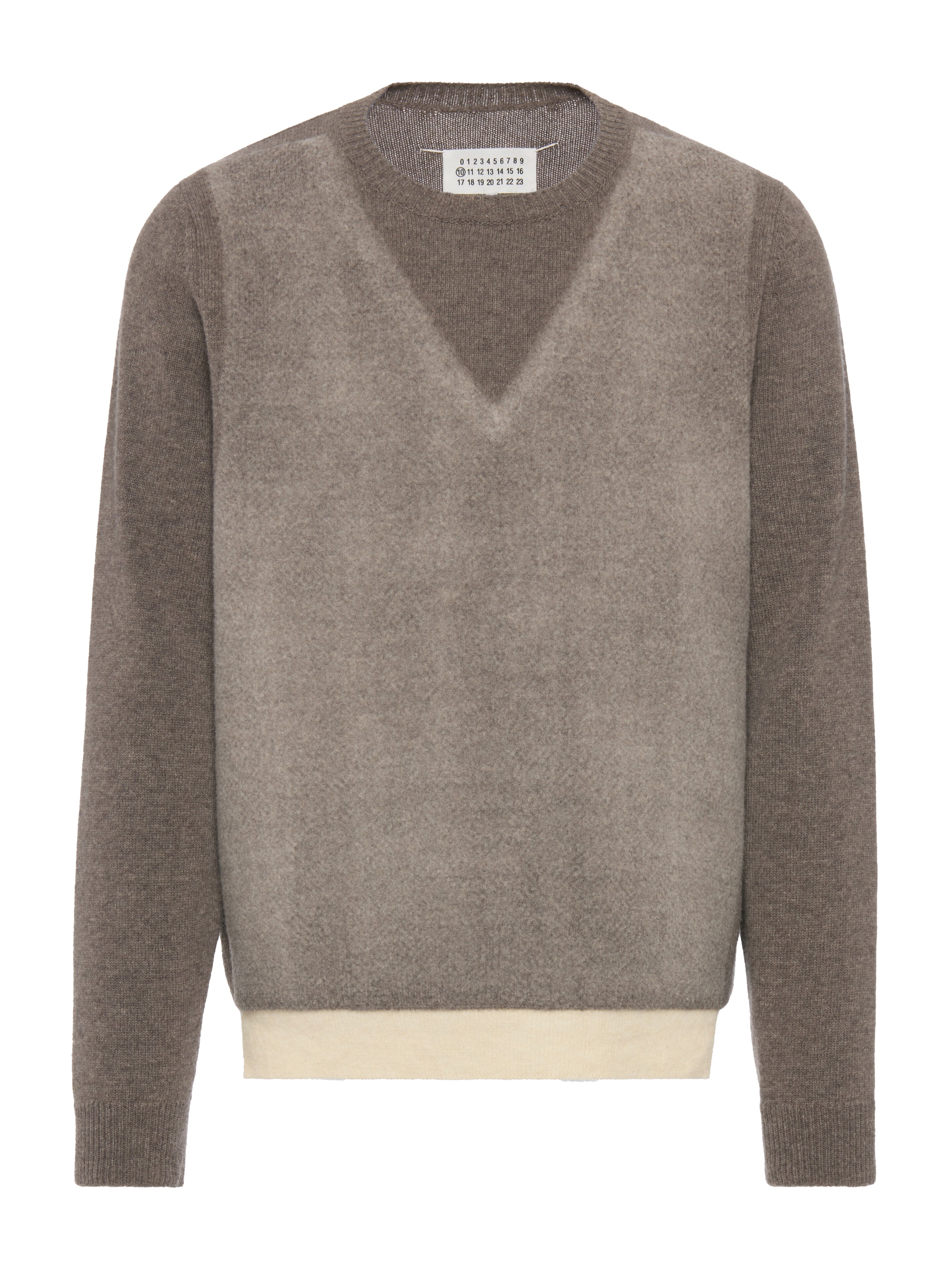 Maison Margiela Fused Knit Sweater in Mud Ecru, front view, lambswool, trompe l'oeil V-neck detail, needle-punched front panel, contrast ecru hem, ribbed cuffs, crew neck silhouette