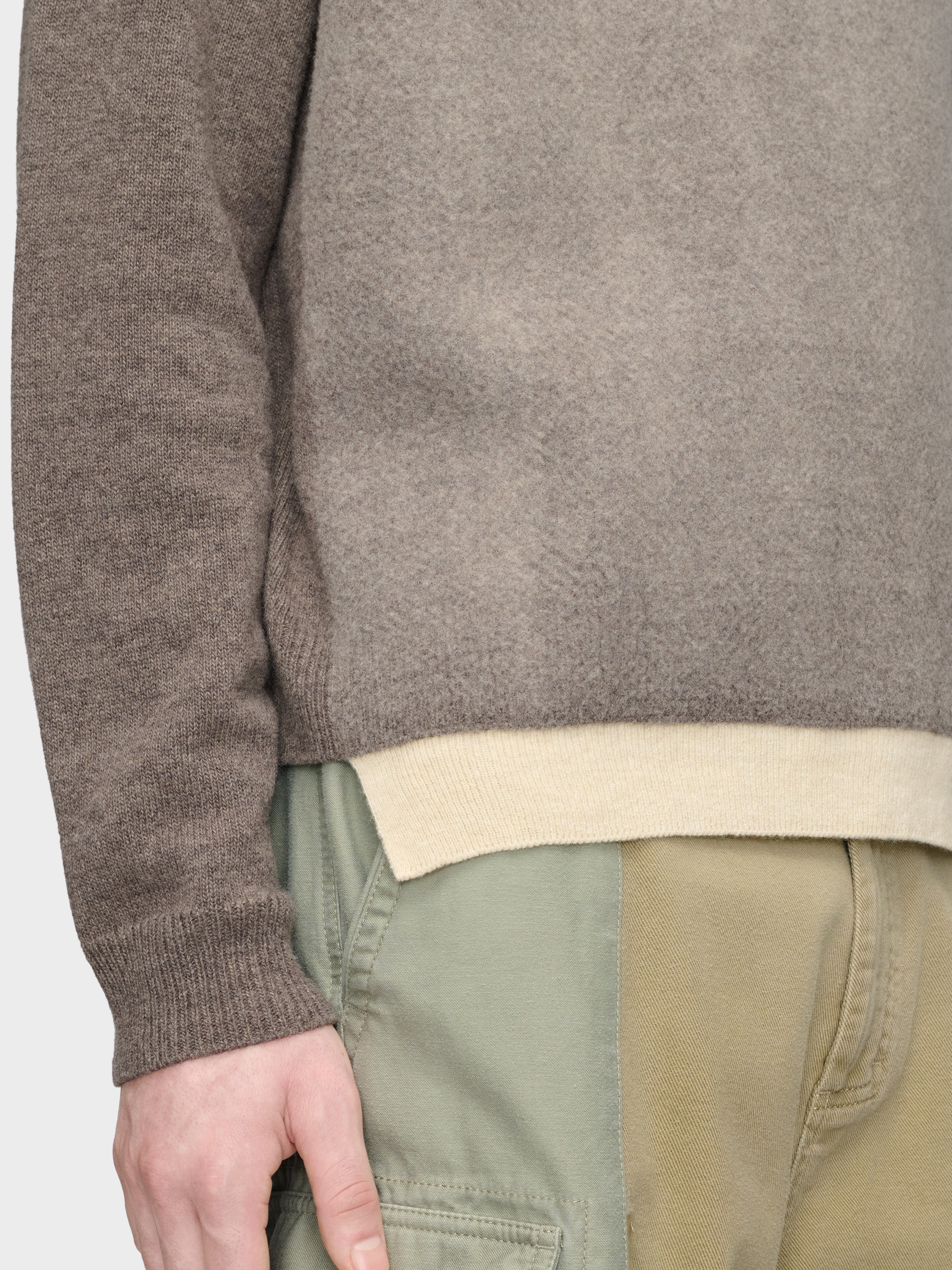 Maison Margiela Fused Knit Sweater in Mud Ecru, close-up of trompe l'oeil V-neck detail, needle-punched front panel, mud and ecru contrast