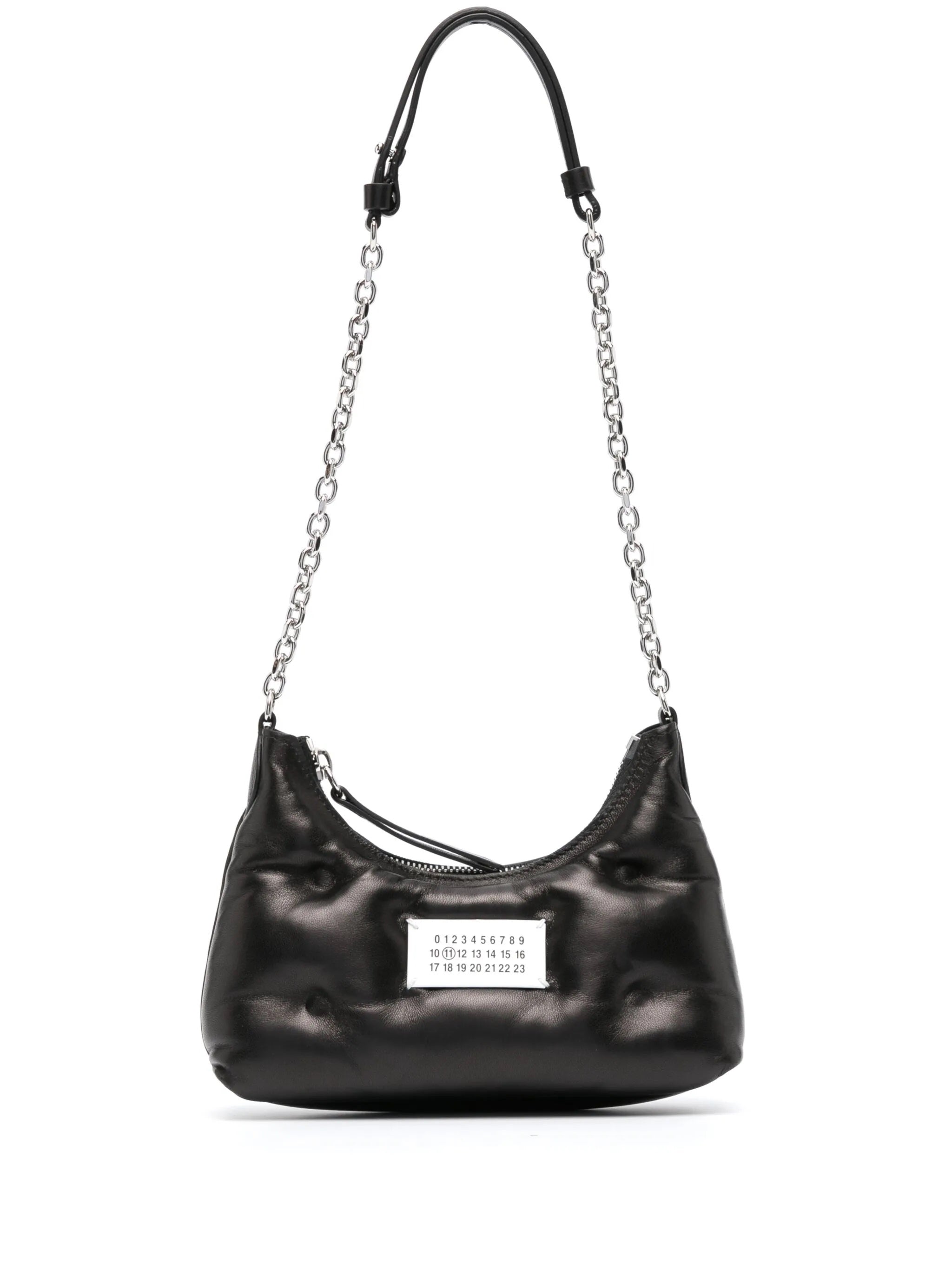 Front view of Glam Slam Hobo Micro in Black by Maison Margiela on a white background, featuring a padded design, number logo plaque, and chain shoulder strap.